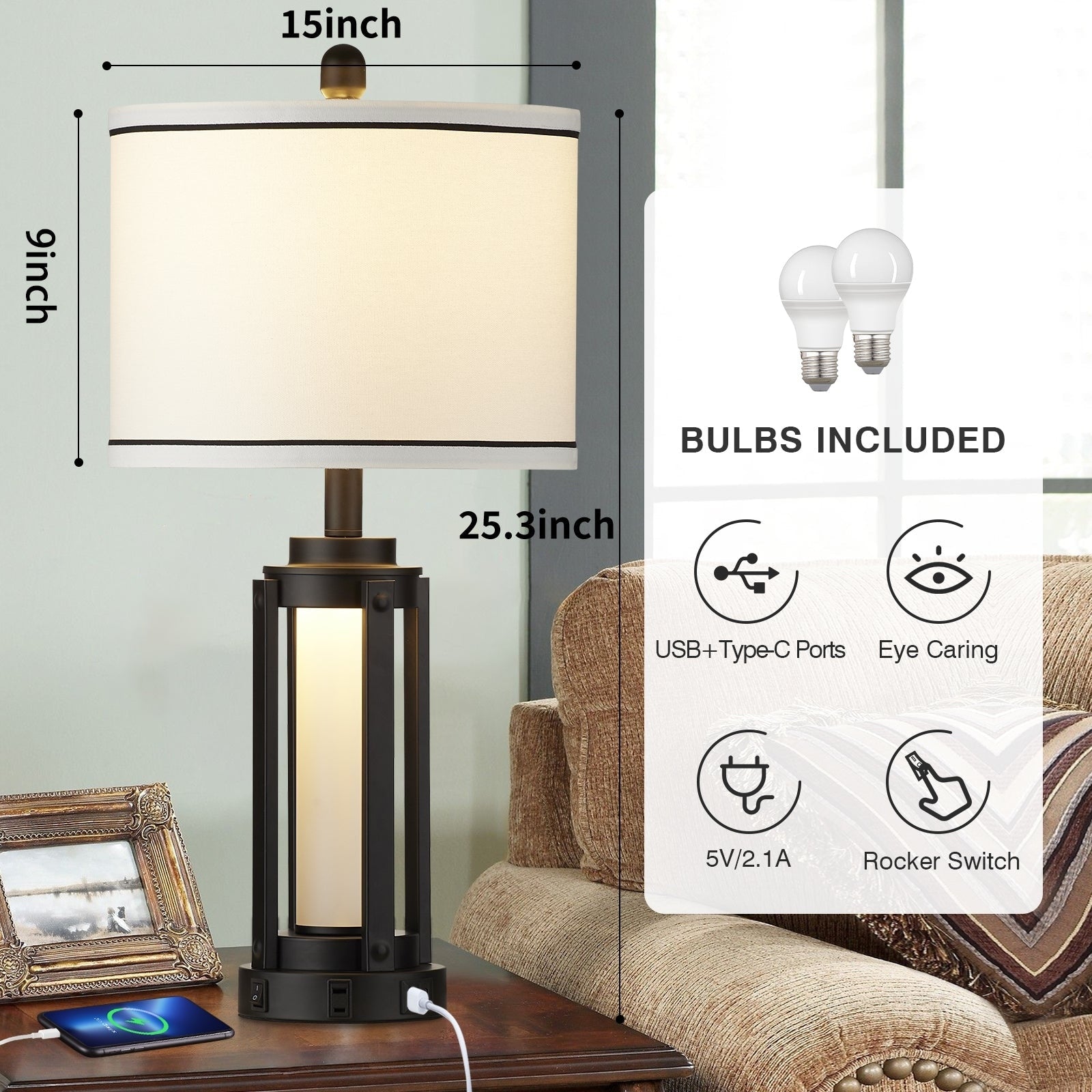 Black Metal Table Lamps Nightlight 2in1 USB & Type-C Charging Ports AC Outlet & Knockdown Drum Shade (Set of 2)