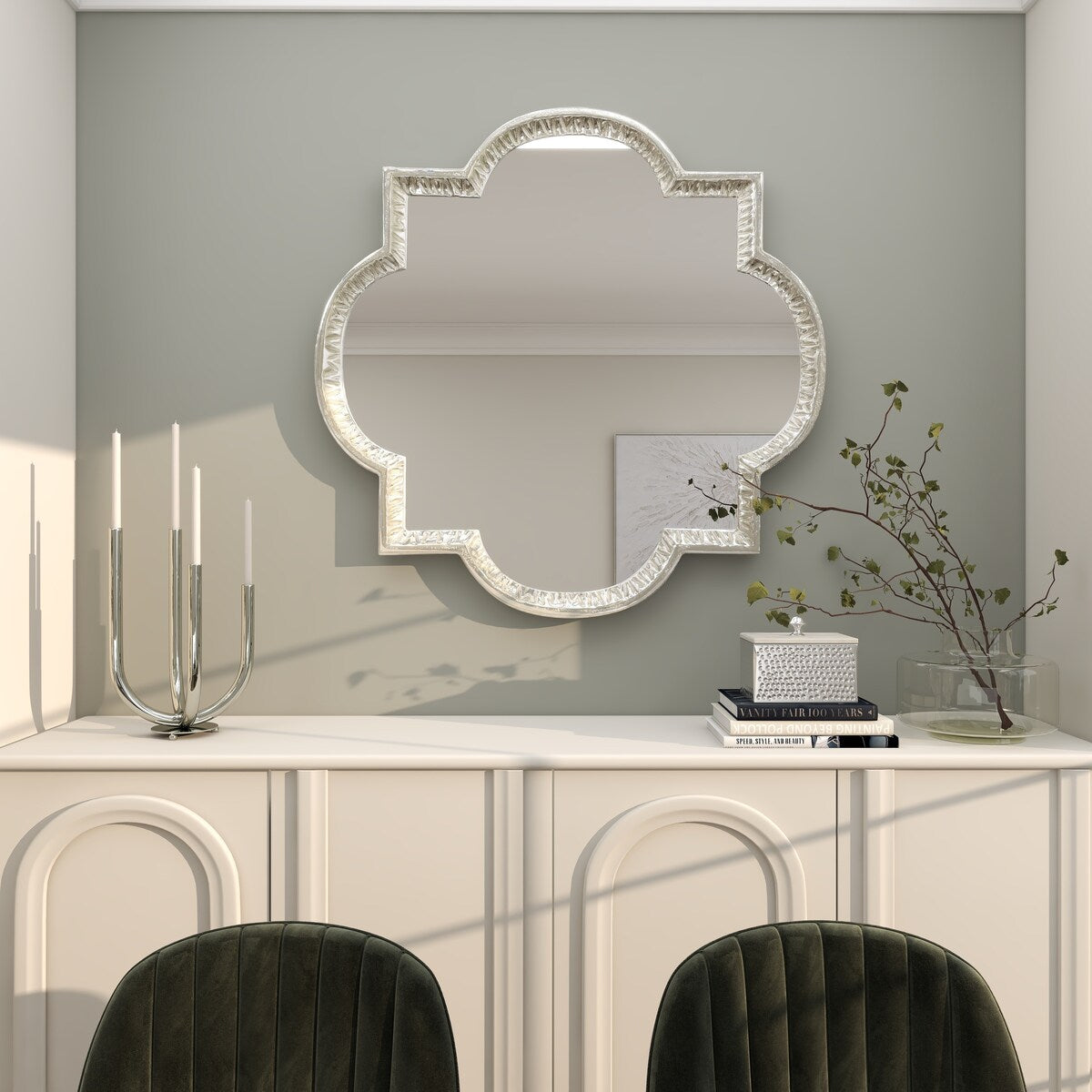 Aluminum Metal Quatrefoil Engraved Room Wall Mirror - Gray - Roche River Decor