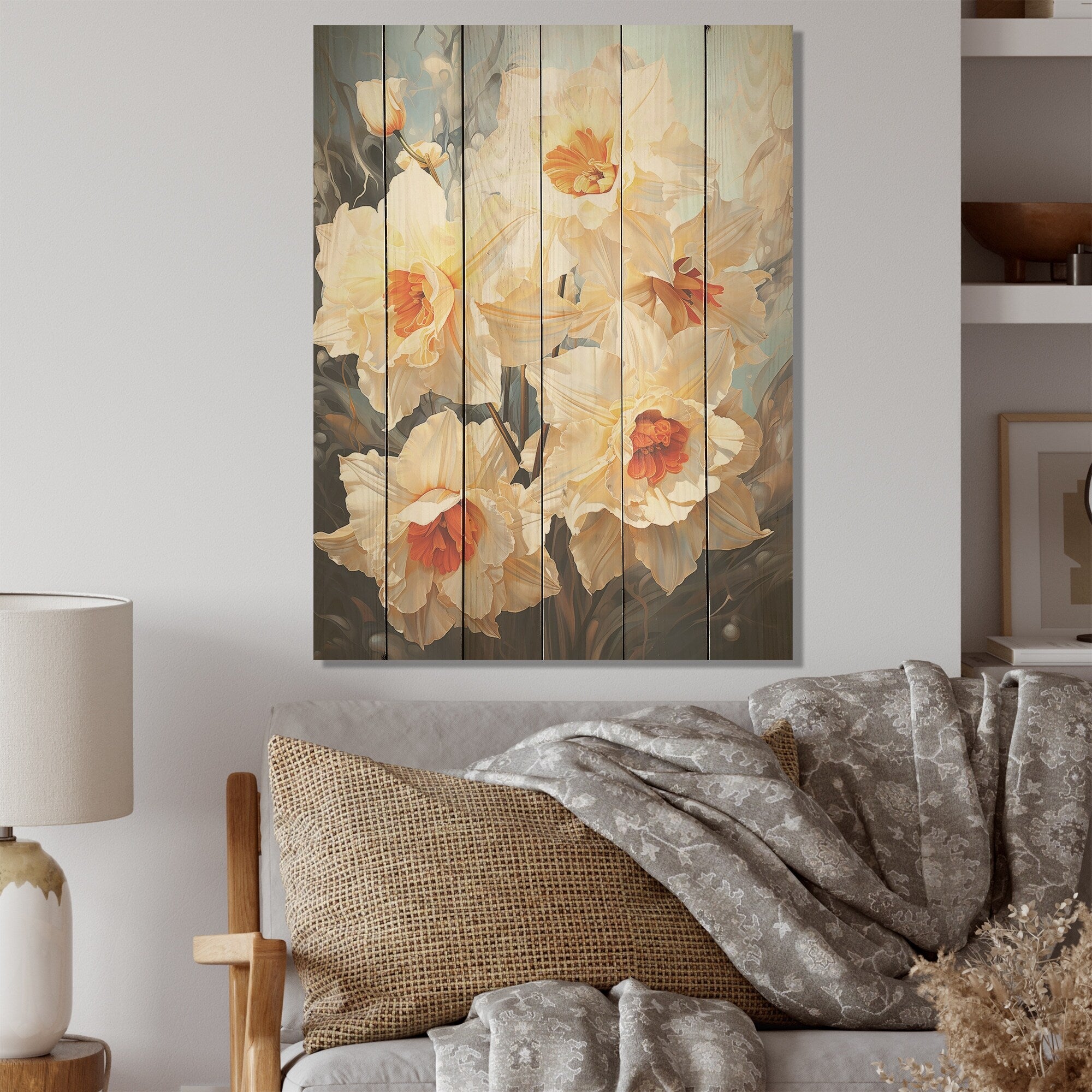 Designart Orange And White Bouquet Of Daffodils Daffodils Wood Wall Decor - Orange Wood Panel On Natural Pine Wood