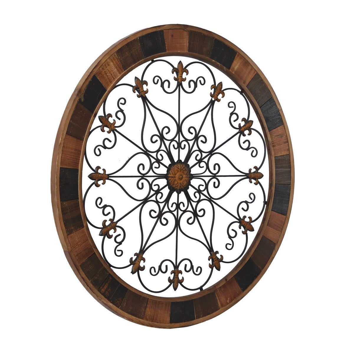 Wood Scroll Medallion Home Wall Decor with Metal Fleur-De-Lis Detail - Brown - Roche River Decor