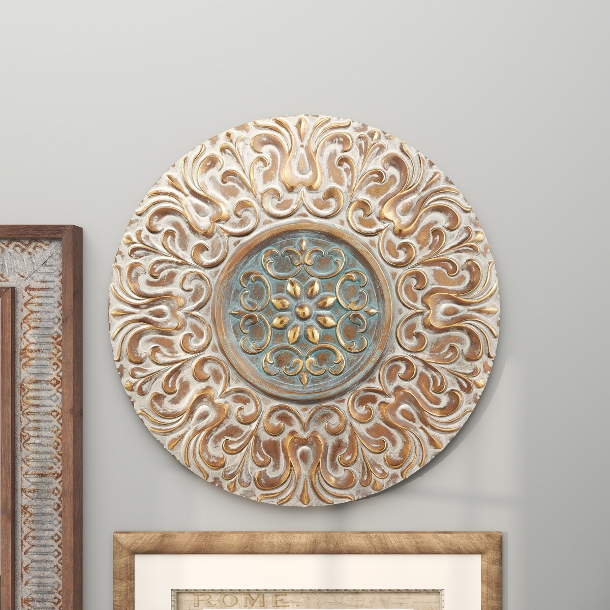 Metal Plate Home Wall Decor with Embossed Details - Gold - Roche River Decor