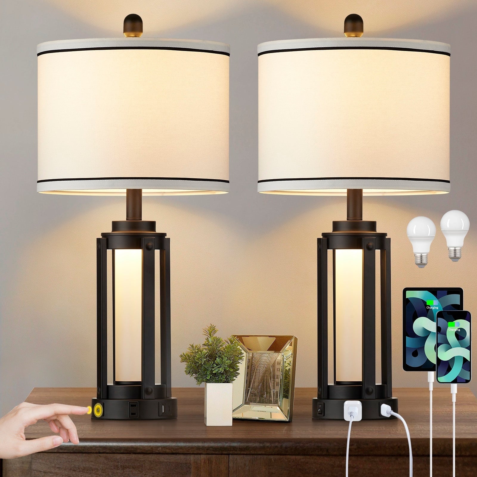 Black Metal Table Lamps Nightlight 2in1 USB & Type-C Charging Ports AC Outlet & Knockdown Drum Shade (Set of 2)