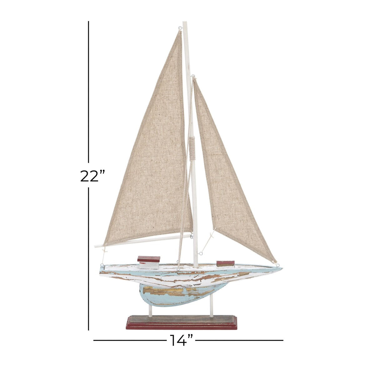 Wood Sail Boat Distressed Decorative Sculpture with Cream Linen Sails and Brown Accents - Blue - Roche River Decor