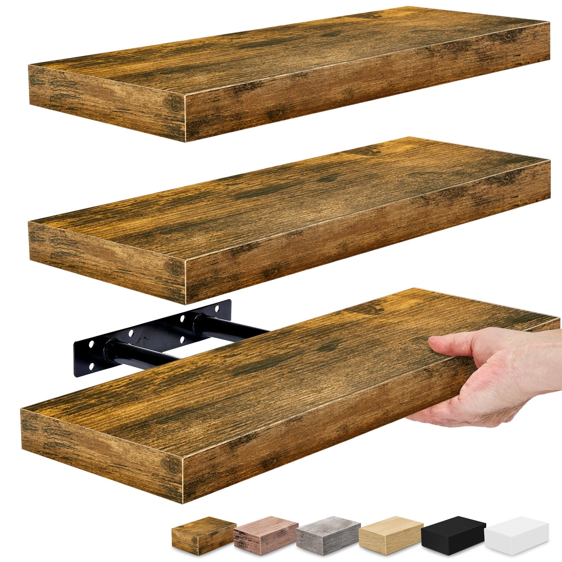 Floating Shelf Set, Rustic Wood Beach Style Hanging Wall Shelves - 3-Pack