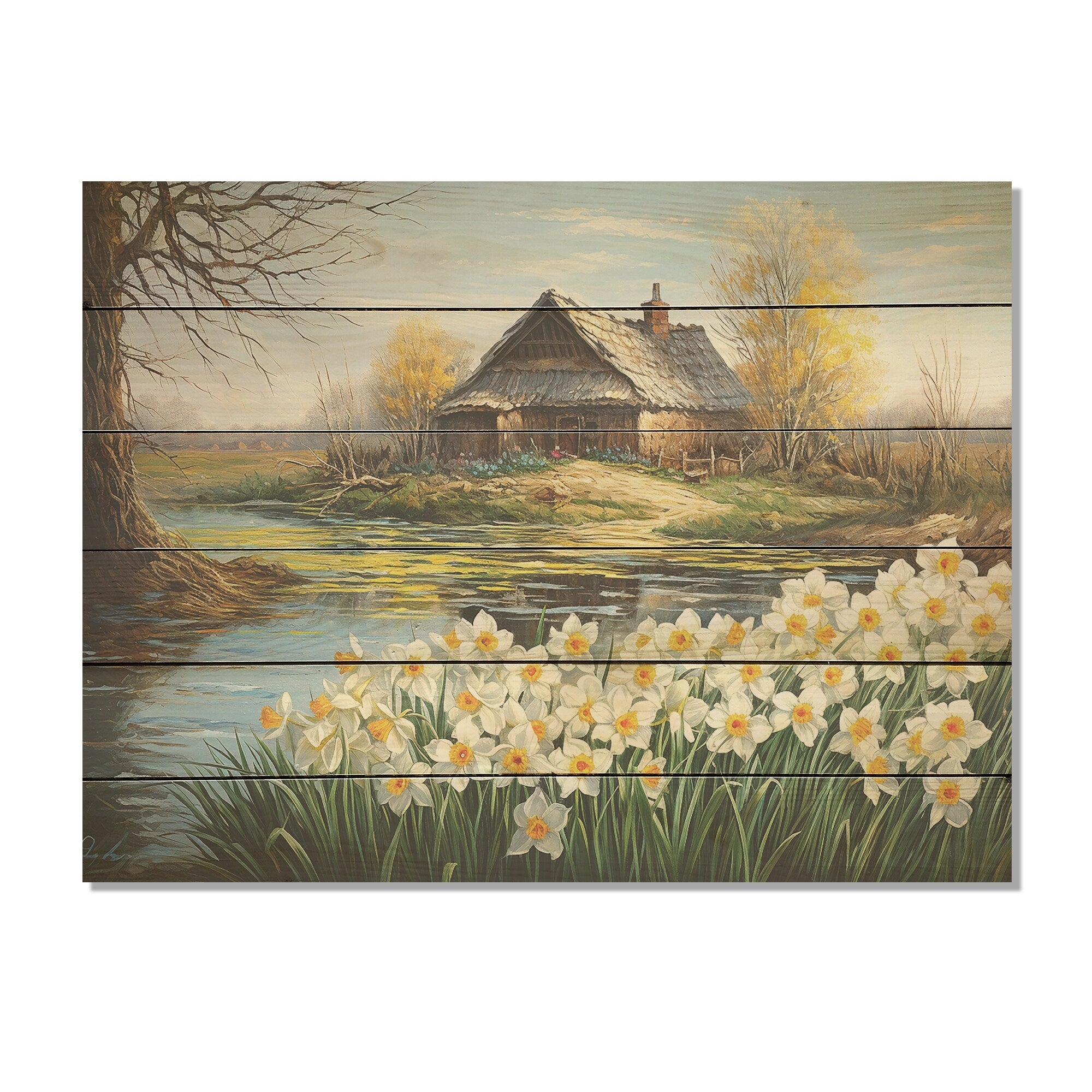 Designart White And Yellow Daffodils Country Charm I Flowers Wood Wall Decor - Green Wood Panel On Natural Pine Wood