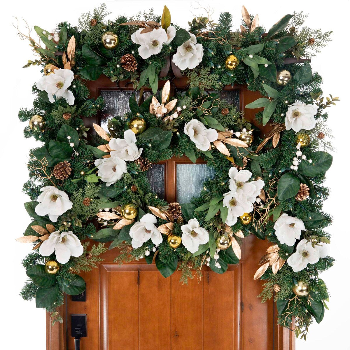 9 ft. Artificial Christmas Garland with Lights - White Gold Magnolia - 9 Foot