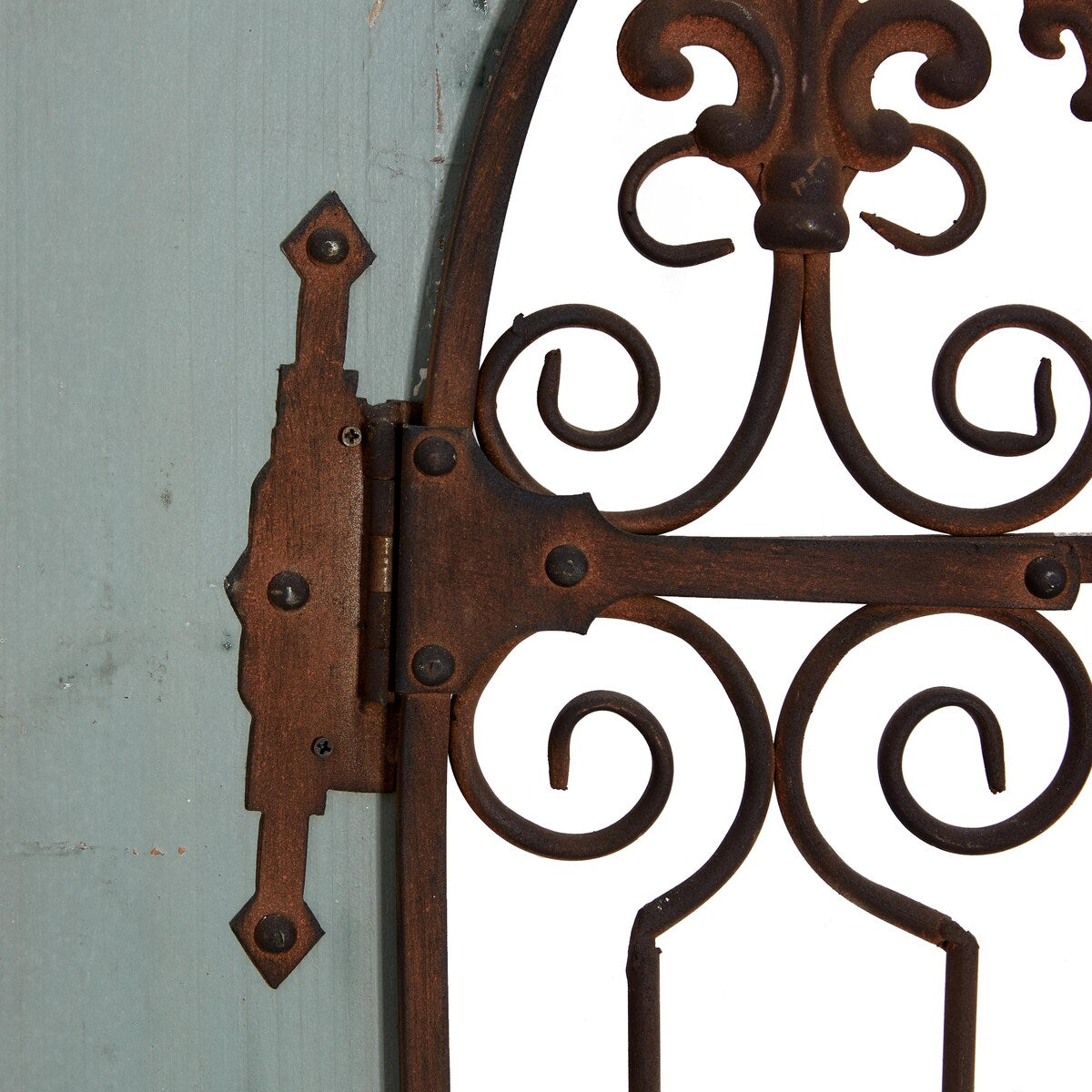 Wood Fleur De Lis Arched Windowpane Home Wall Decor with Rust Metal Scrolled Gate - Blue - Roche River Decor