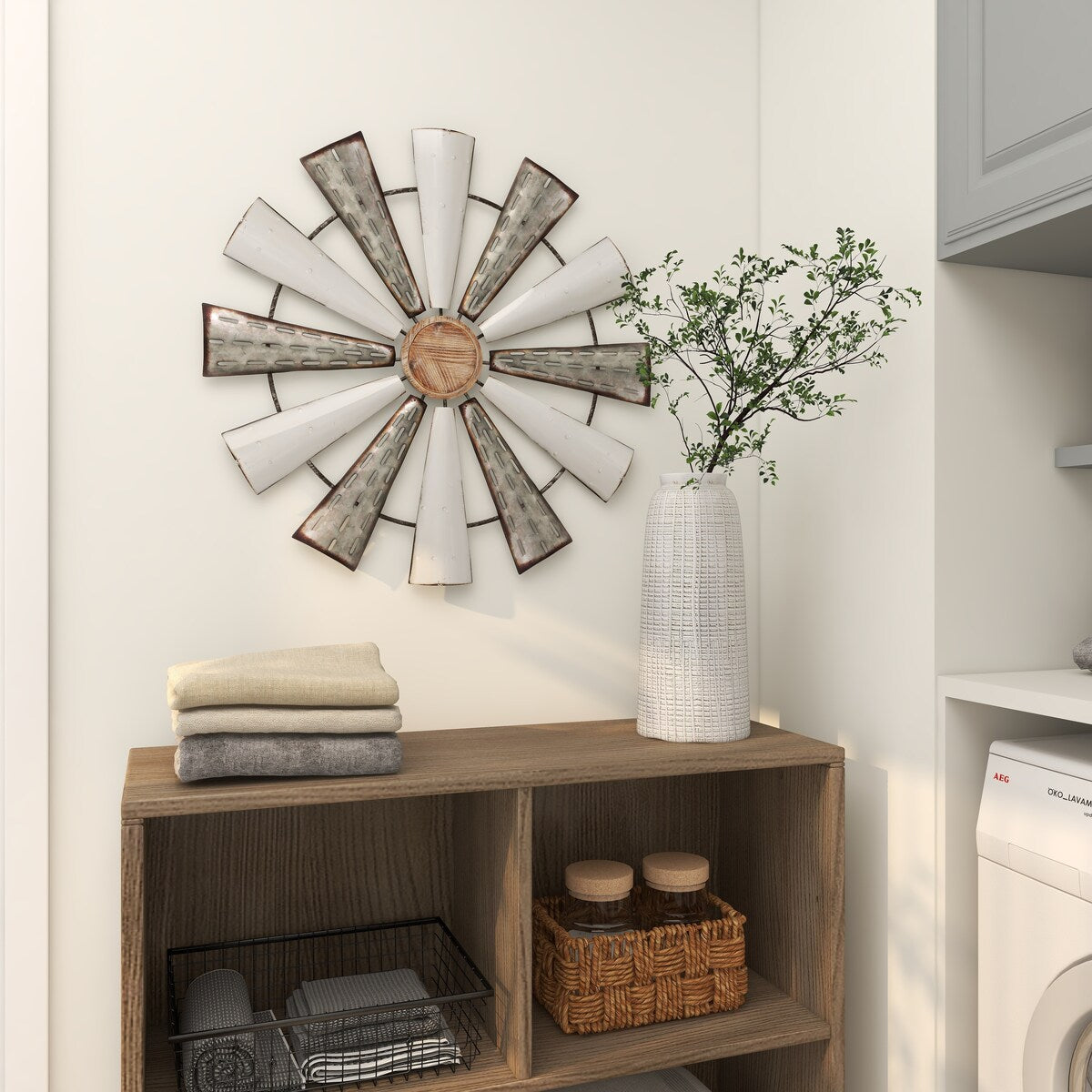 Metal Windmill Home Wall Decor with Galvanized Metal Accents - White - Roche River Decor