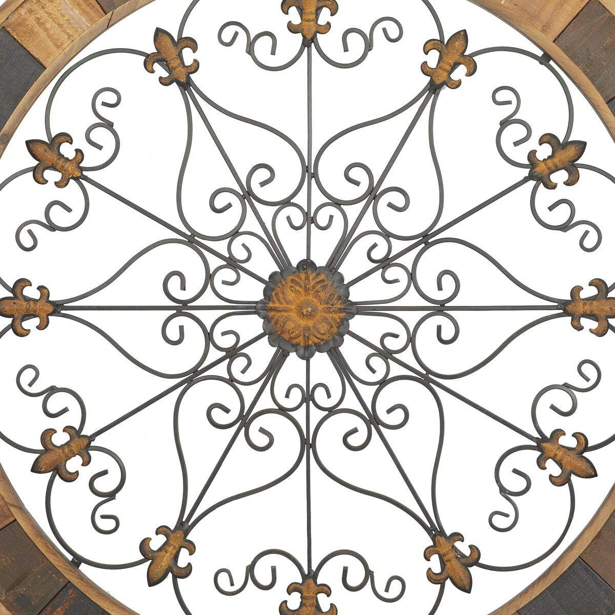 Wood Scroll Medallion Home Wall Decor with Metal Fleur-De-Lis Detail - Brown - Roche River Decor