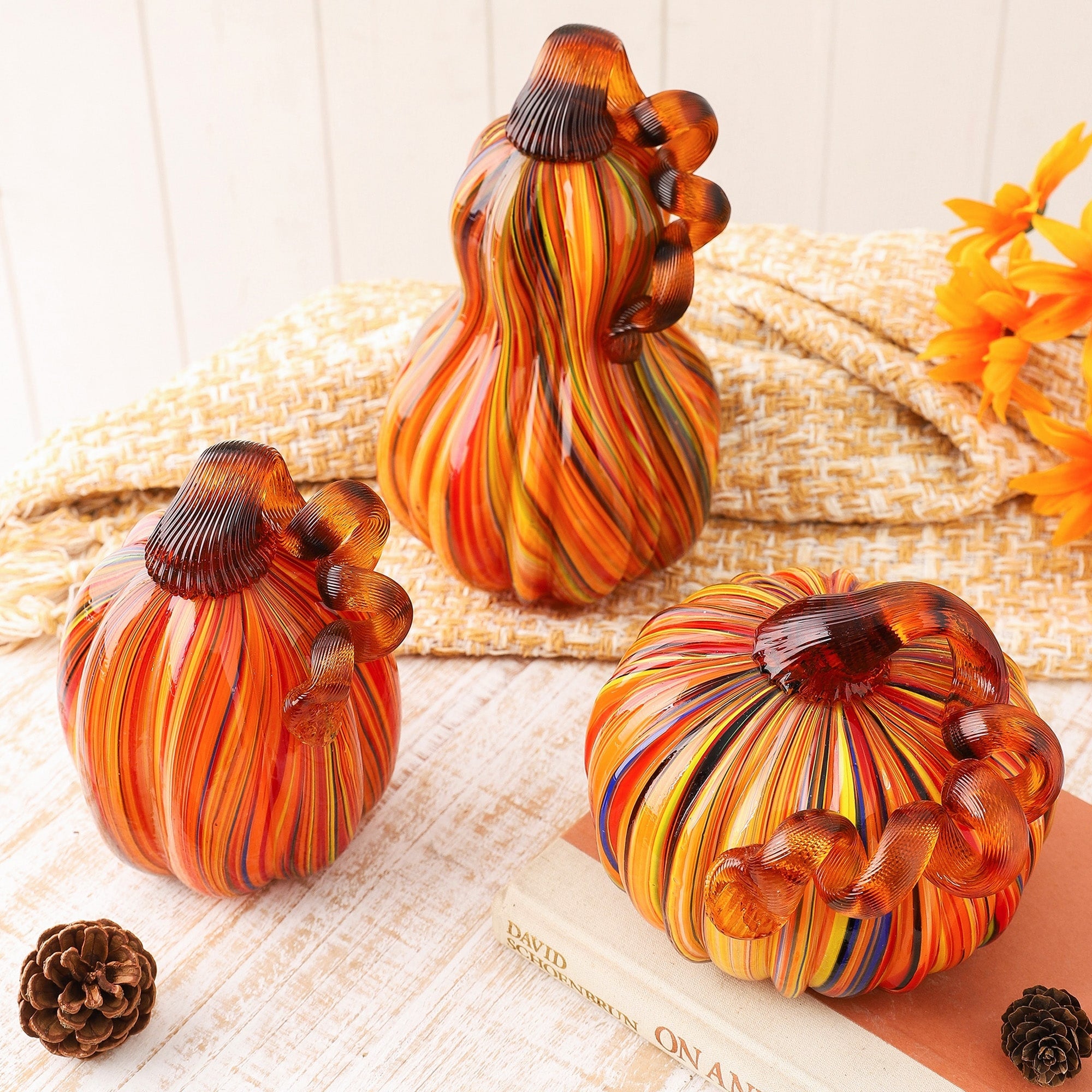 Glitzhome Handblown Multi Striped Fall Harvest Glass Pumpkins Thanksgiving Gift