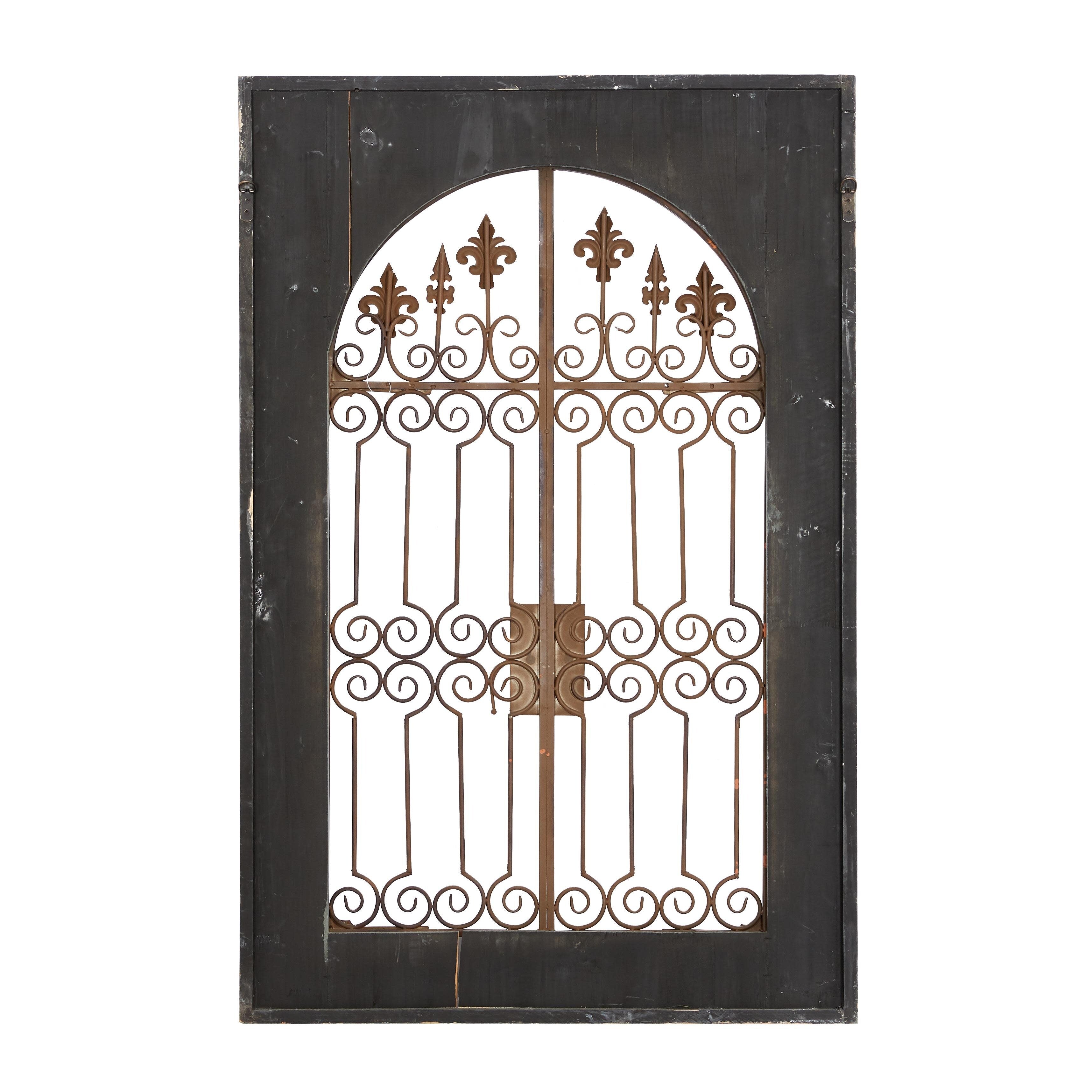 Wood Fleur De Lis Arched Windowpane Home Wall Decor with Rust Metal Scrolled Gate - Blue - Roche River Decor