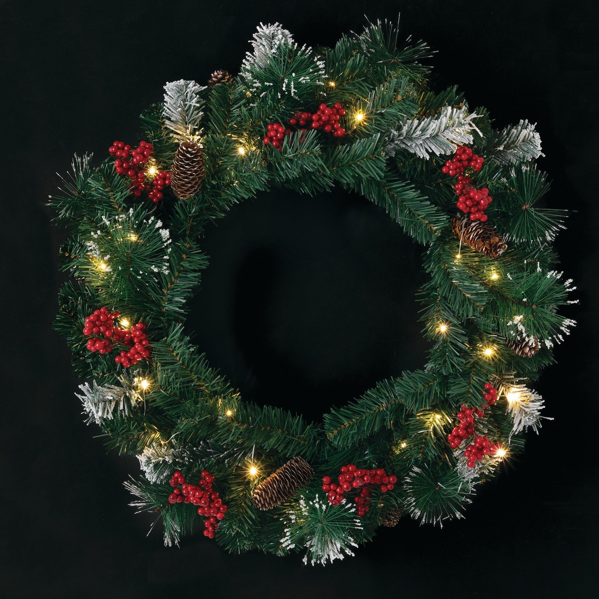 Sullivans Artificial 24 LED Mixed Pine Christmas Wreath with Flocking, Pinecones and Berries, Green