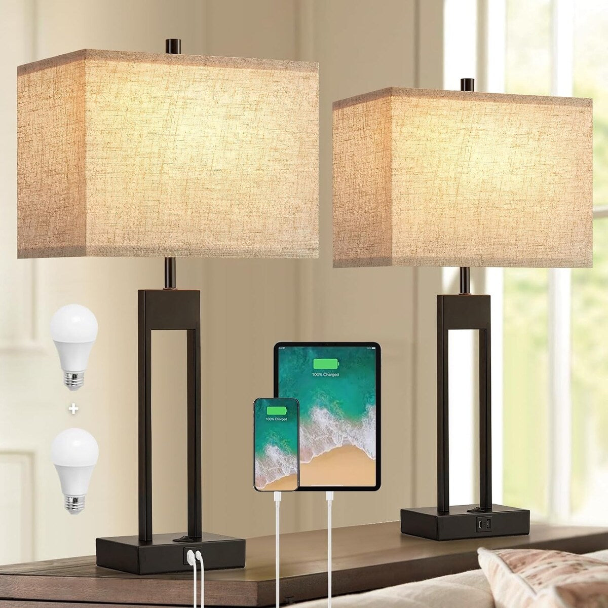 Table Lamps with 2 USB Charging Ports, 3 Ways Dimmable Touch Control Nightstand Bedside Lamps Bedroom Decor