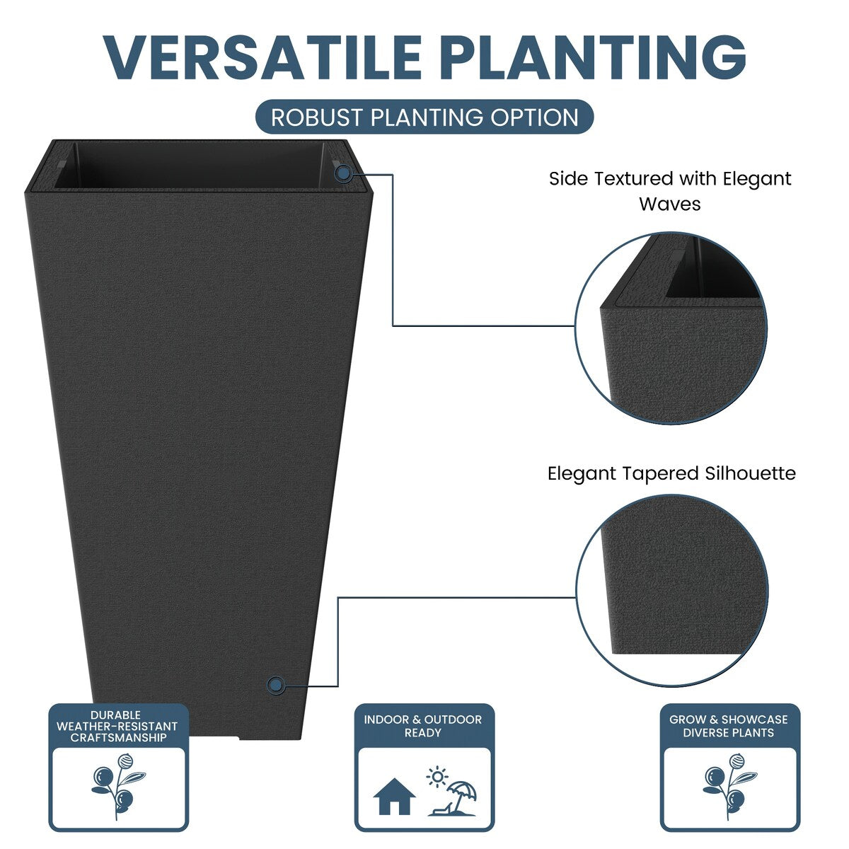 Black Tall Plastic Trapezoid Plant Pots / Large Indoor and Outdoor Flower Planters, 2 Piece Set