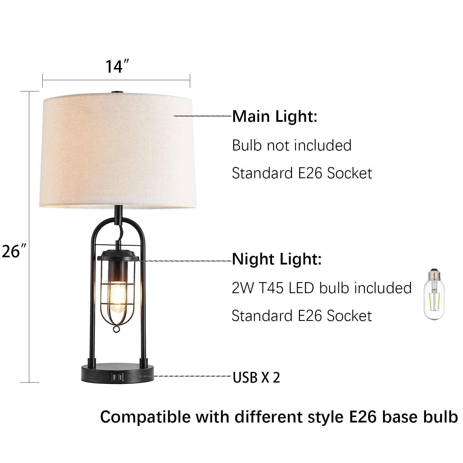 KAWOTI 26inch Dark Bronze Table Lamp with USB Ports, Night Light