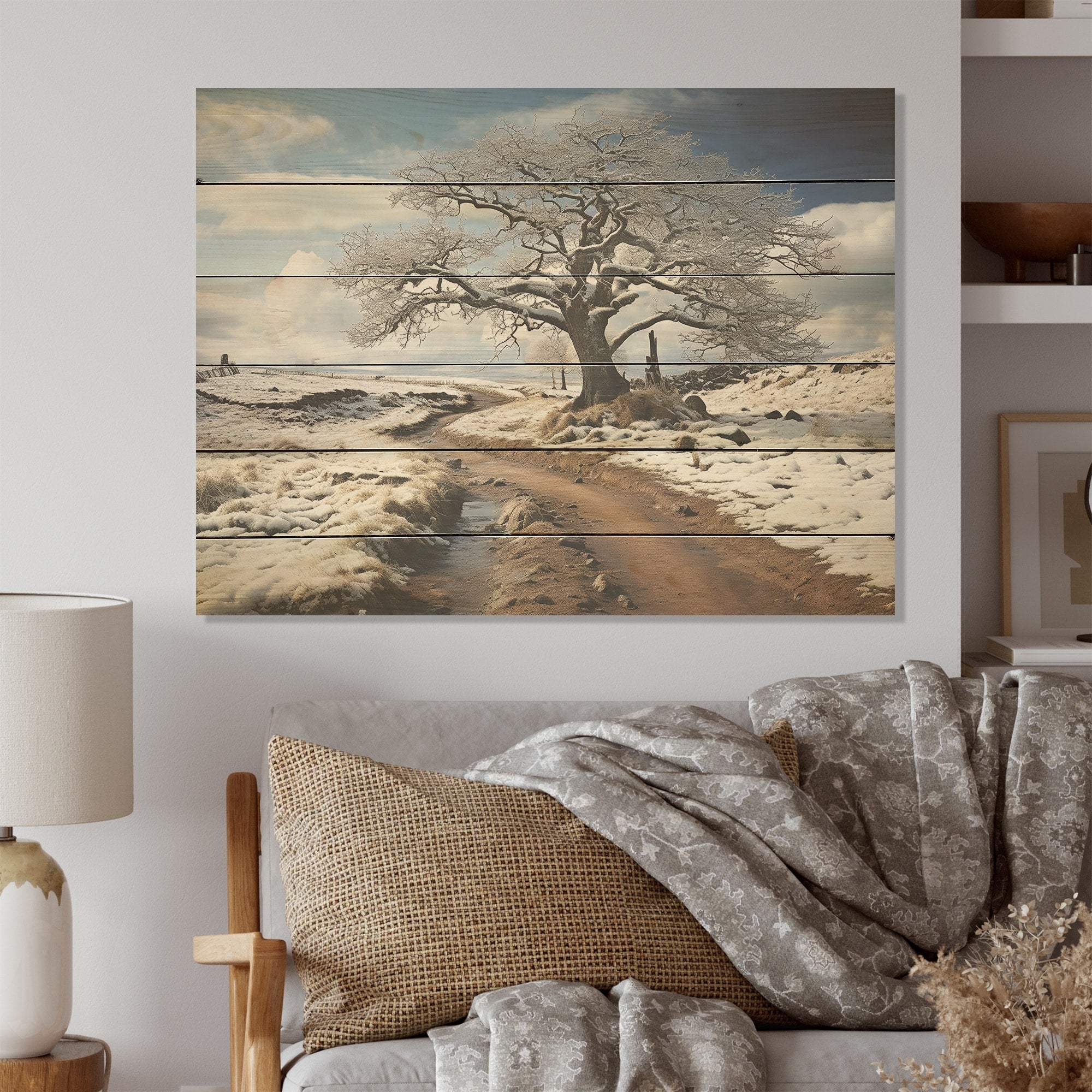 Designart Road In Meadow Horizon Meadow Wood Wall Decor - Traditional Grey Wood Panel On Natural Pine Wood