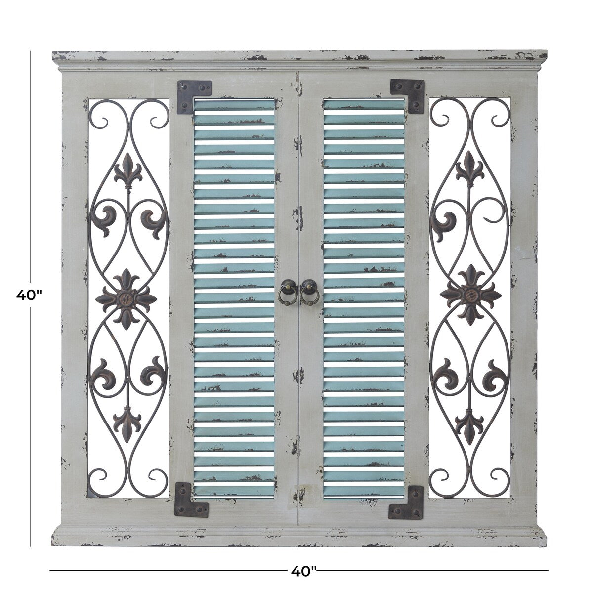 Wooden Scroll Window Shutter Home Wall Decor with Metal Scrollwork Relief - Beige - Roche River Decor