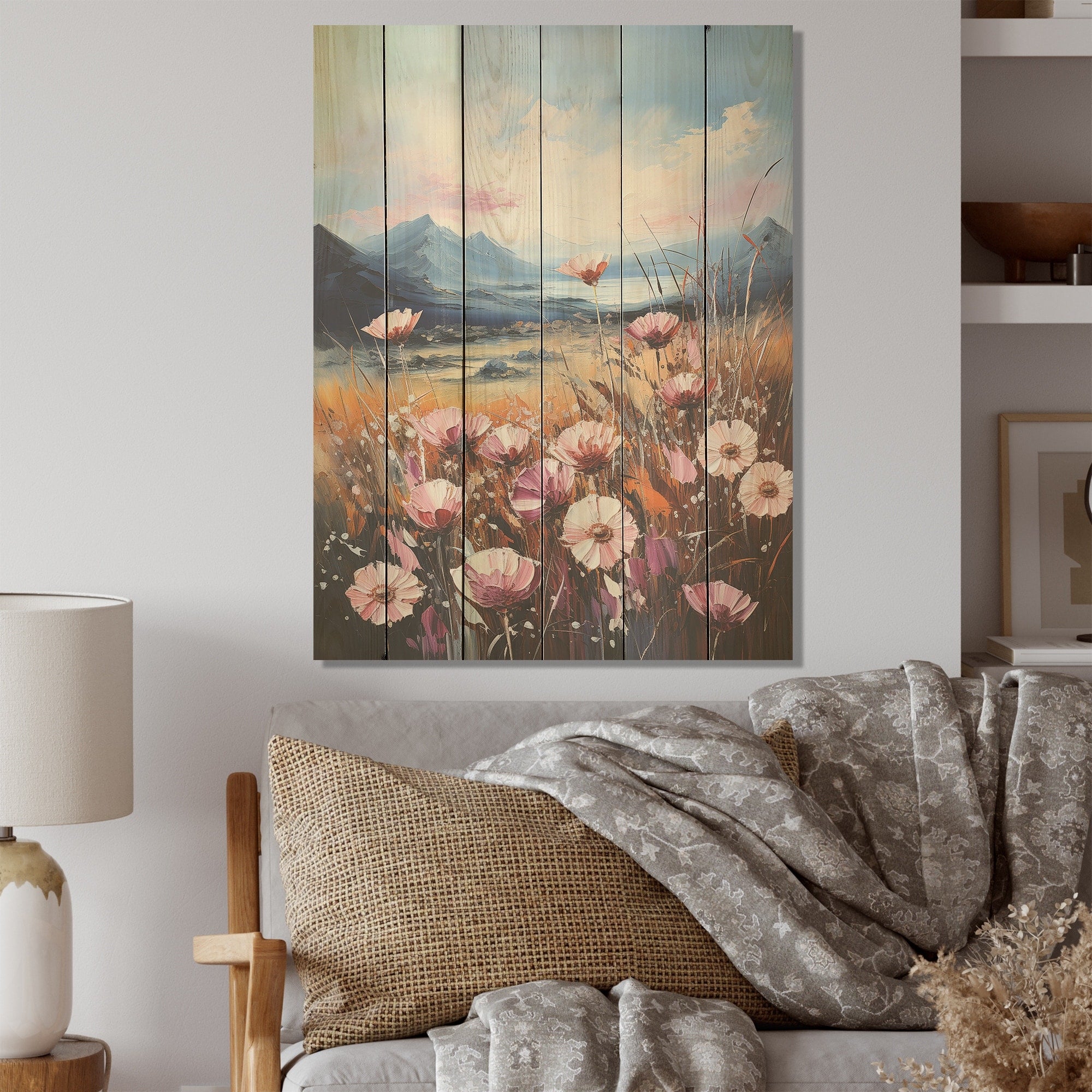 Designart Pink Dandelion Flowers On Lake Flowers Wood Wall Decor - Traditional Pink Wood Panel On Natural Pine Wood