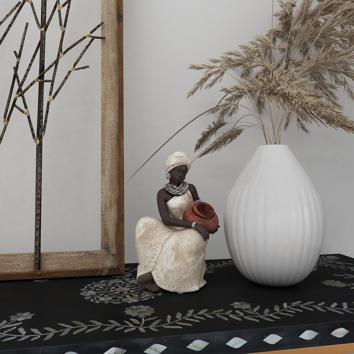 Polystone Woman Sitting African Decorative Sculpture with Red Water Pot - Cream - Roche River Decor