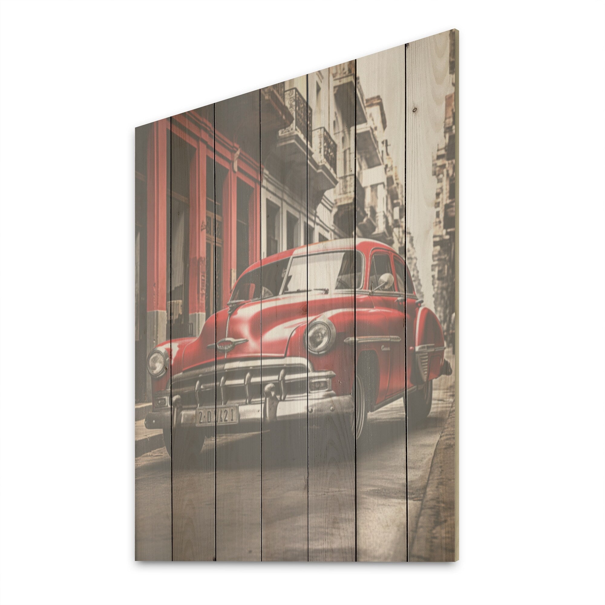 Designart Red Cuban Car Heritage Cuba Landscape Wood Wall Decor - Traditional Red Wood Panel On Natural Pine Wood