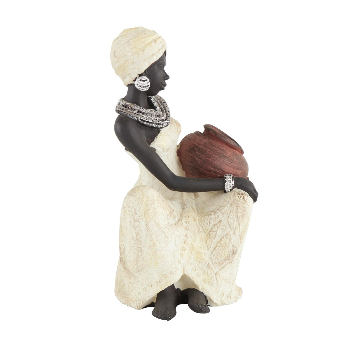 Polystone Woman Sitting African Decorative Sculpture with Red Water Pot - Cream - Roche River Decor