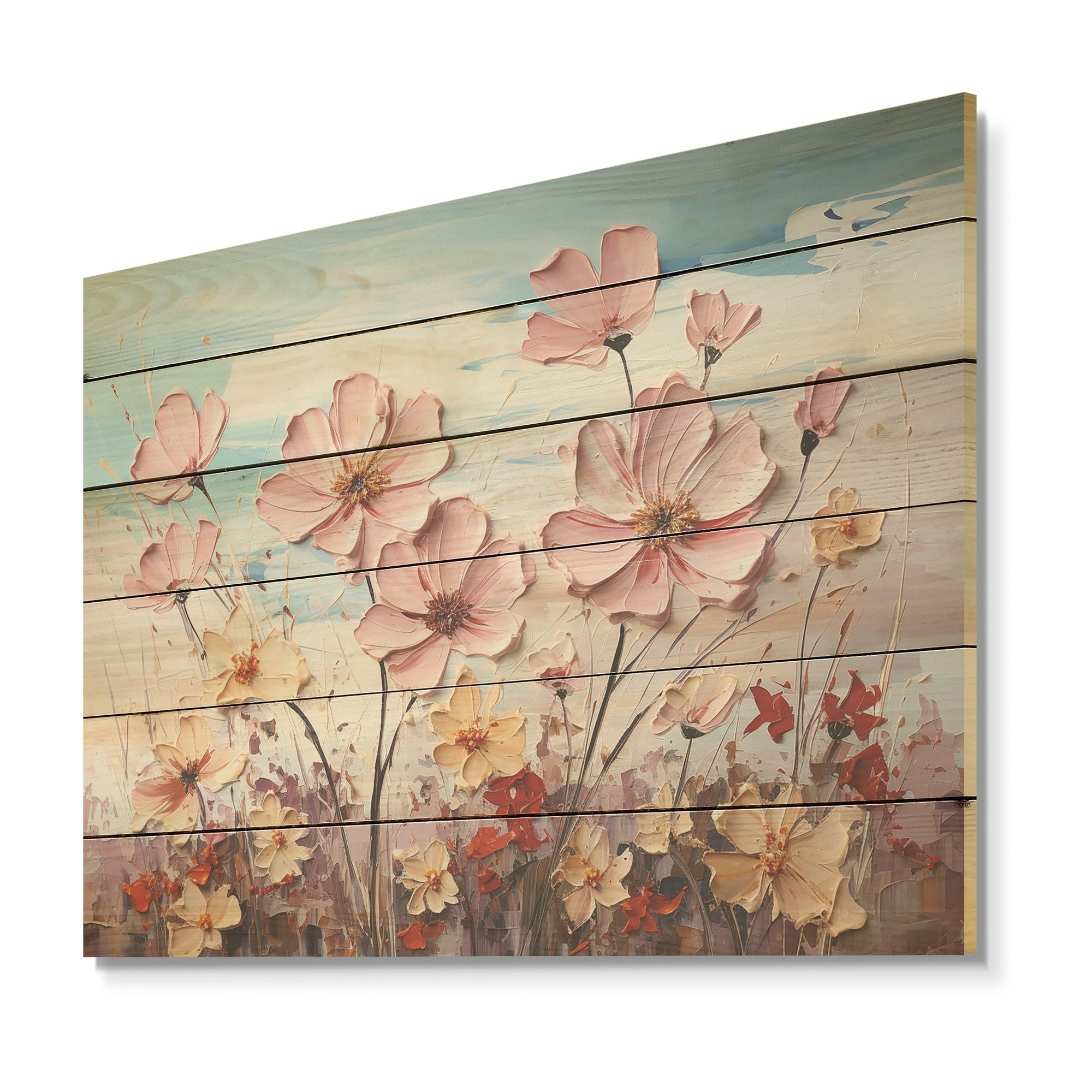 Designart Pink Pansies Blooming Field Flower Field Wood Wall Decor Traditional Pink Wood Panel On Natural Pine Wood