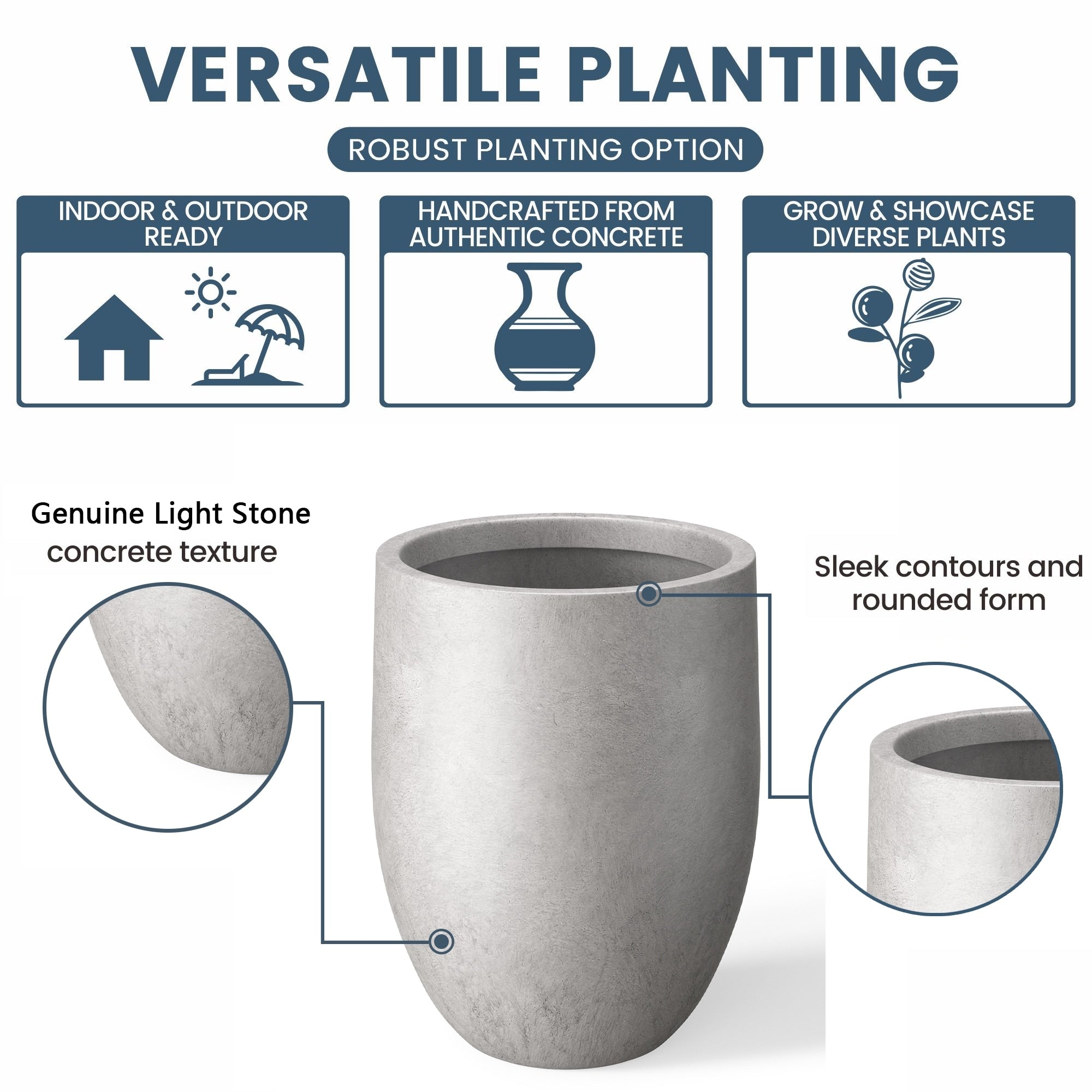 Tall Concrete Round Plant Pots / Large Indoor and Outdoor flower Planters