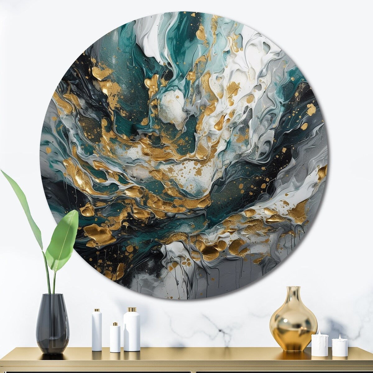 Designart Gold Teal Ink On Stone Abstract Metal Circle Wall Decor