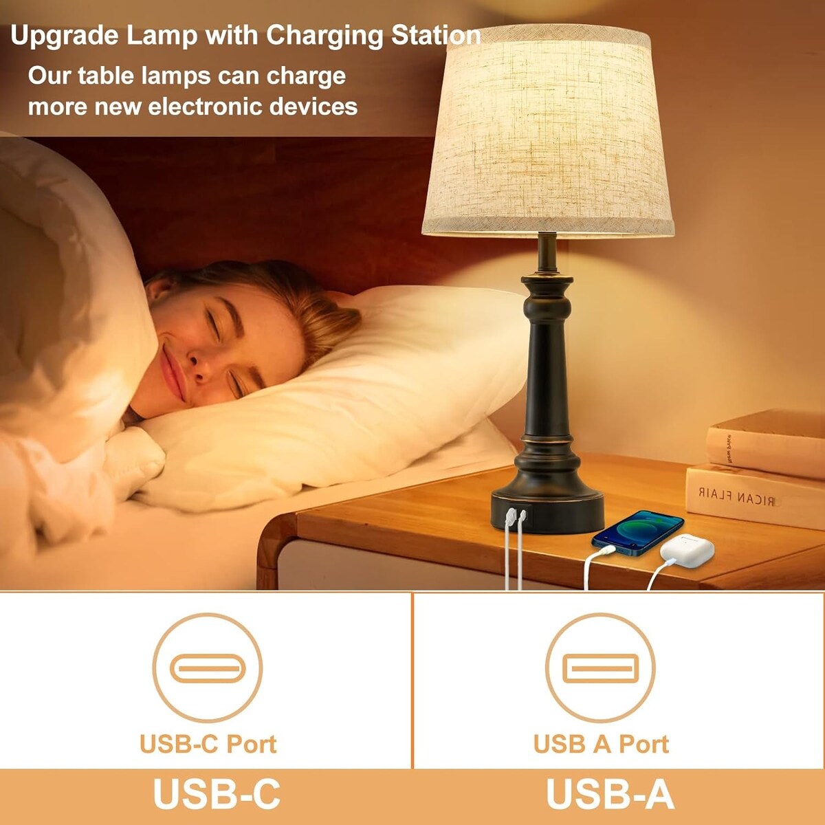 Table Lamps with 2 USB Charging Ports, 3 Ways Dimmable Touch Control Nightstand Bedside Lamps Bedroom Decor