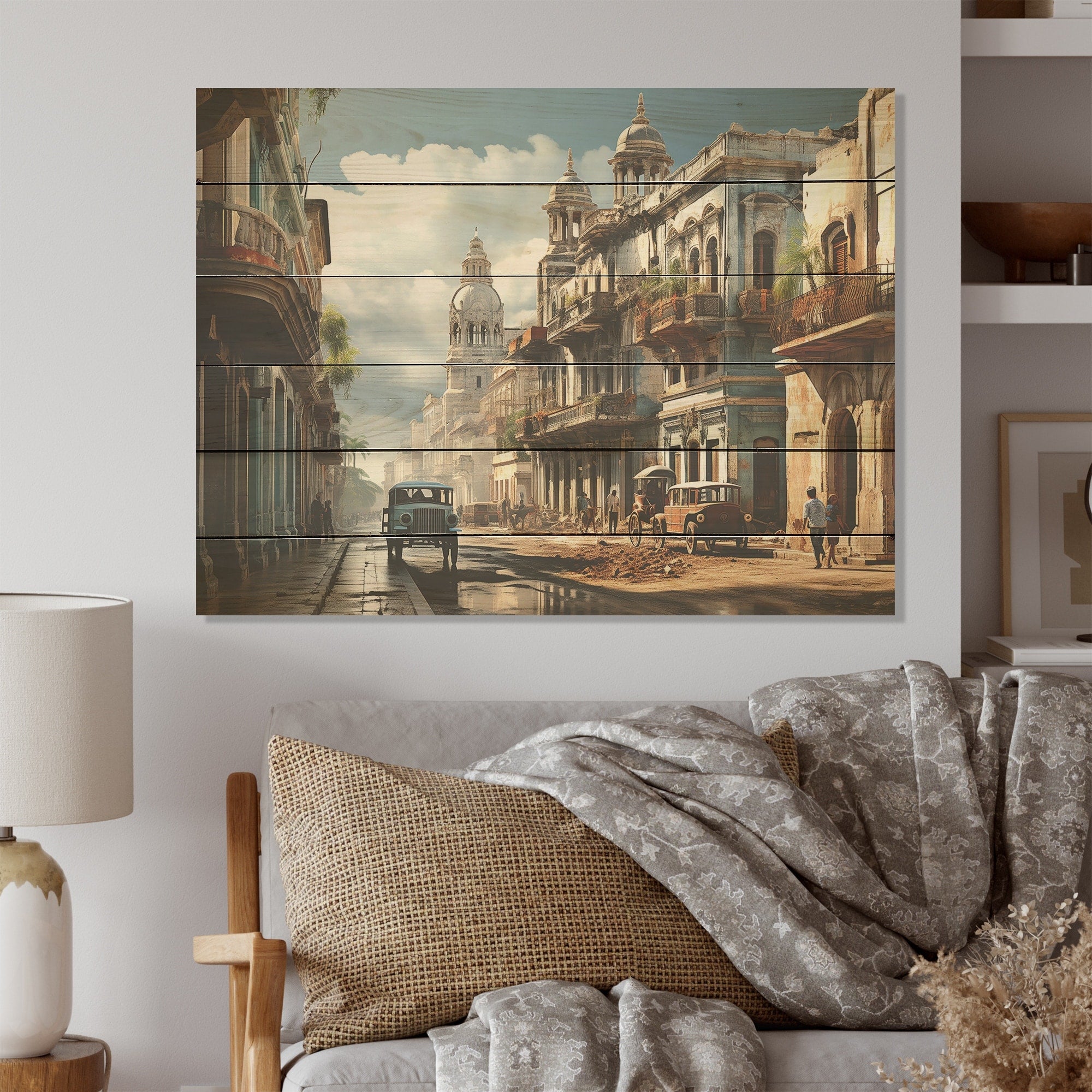 Designart Cuban Colonail Architecture Heritage Cuba Landscape Wood Wall Decor Beige Wood Panel On Natural Pine Wood