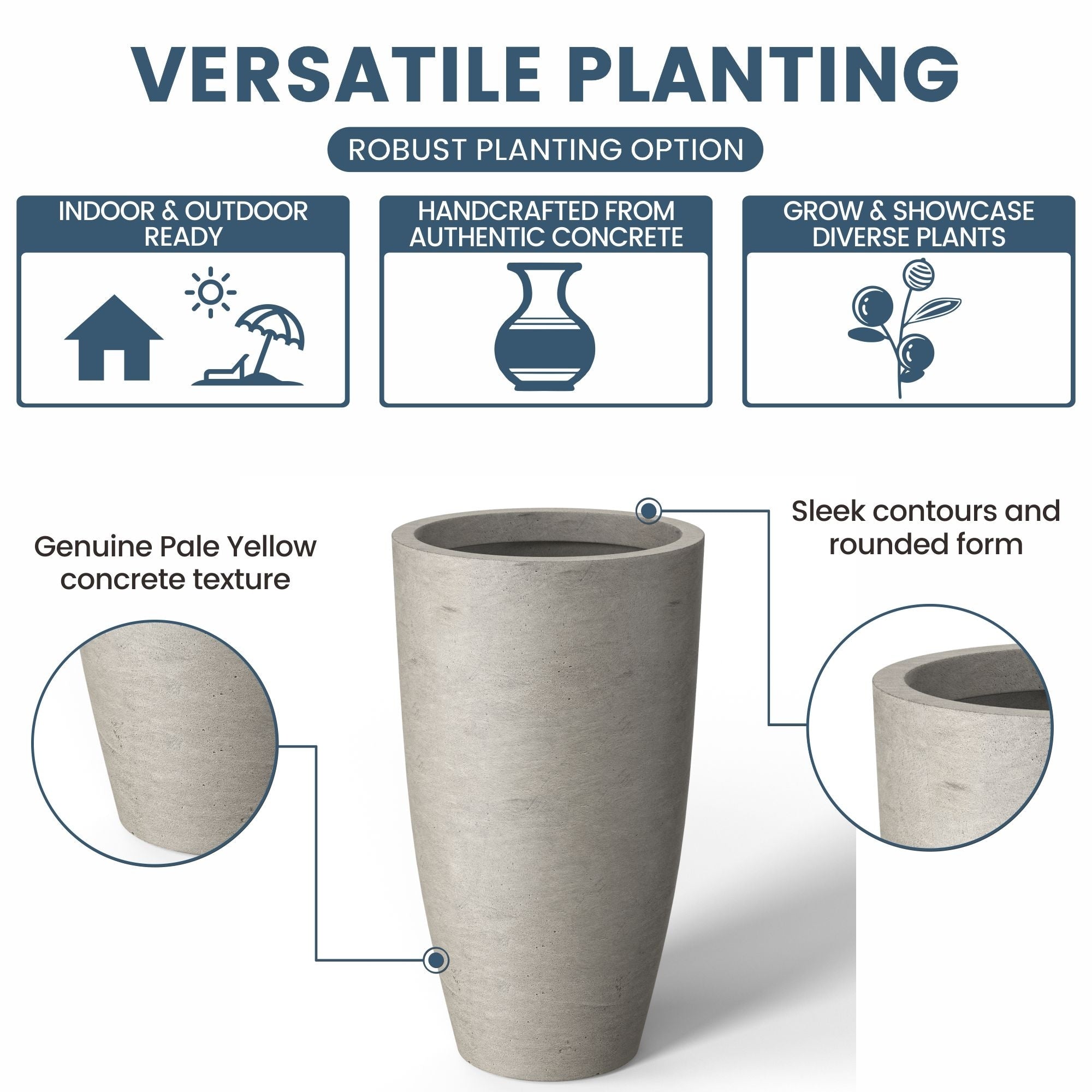 Tall Concrete Round Plant Pots / Large Indoor and Outdoor flower Planters