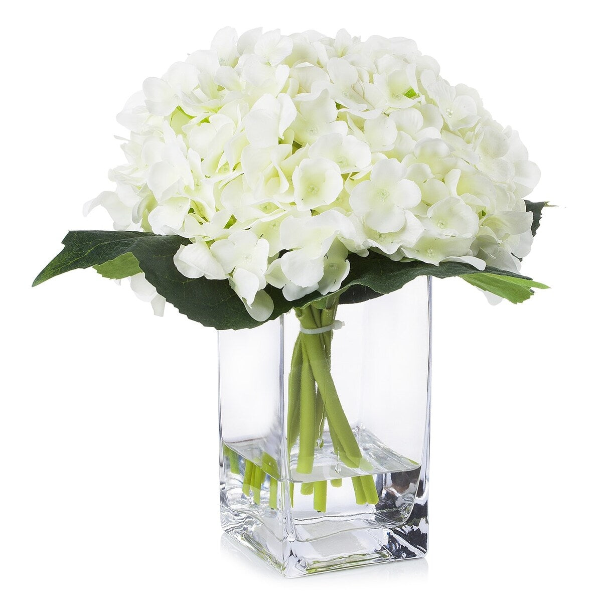 Enova Home Artificial Silk Hydrangea Fake Flowers Arrangement in Clear Glass Vase with Faux Water for Home Office Decoration