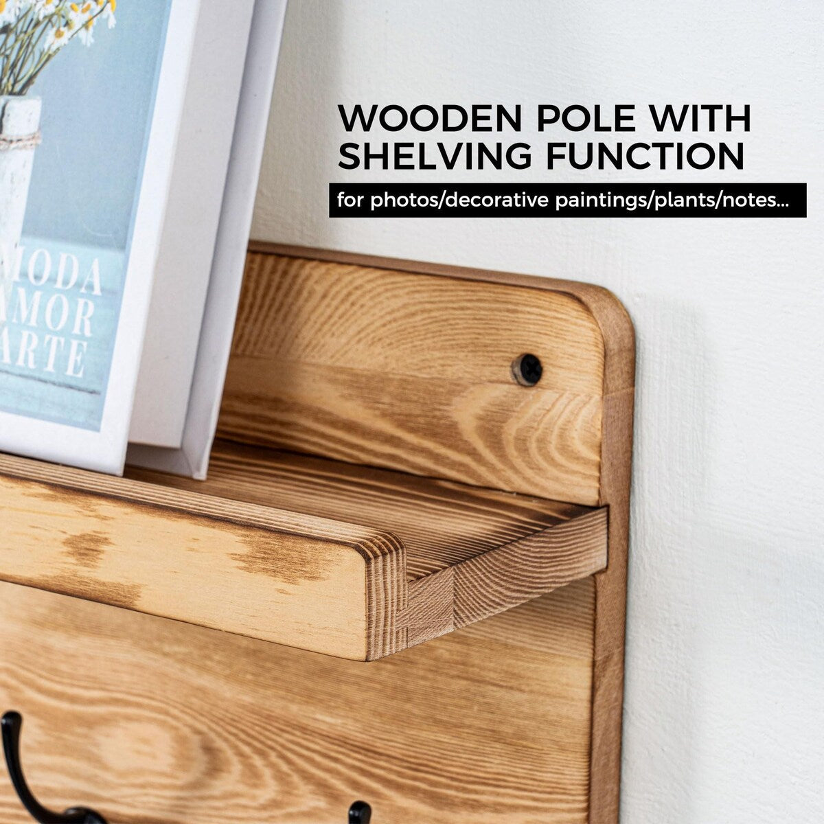 Solid Wood Wall 12 - Hook Coat Rack with Shelf