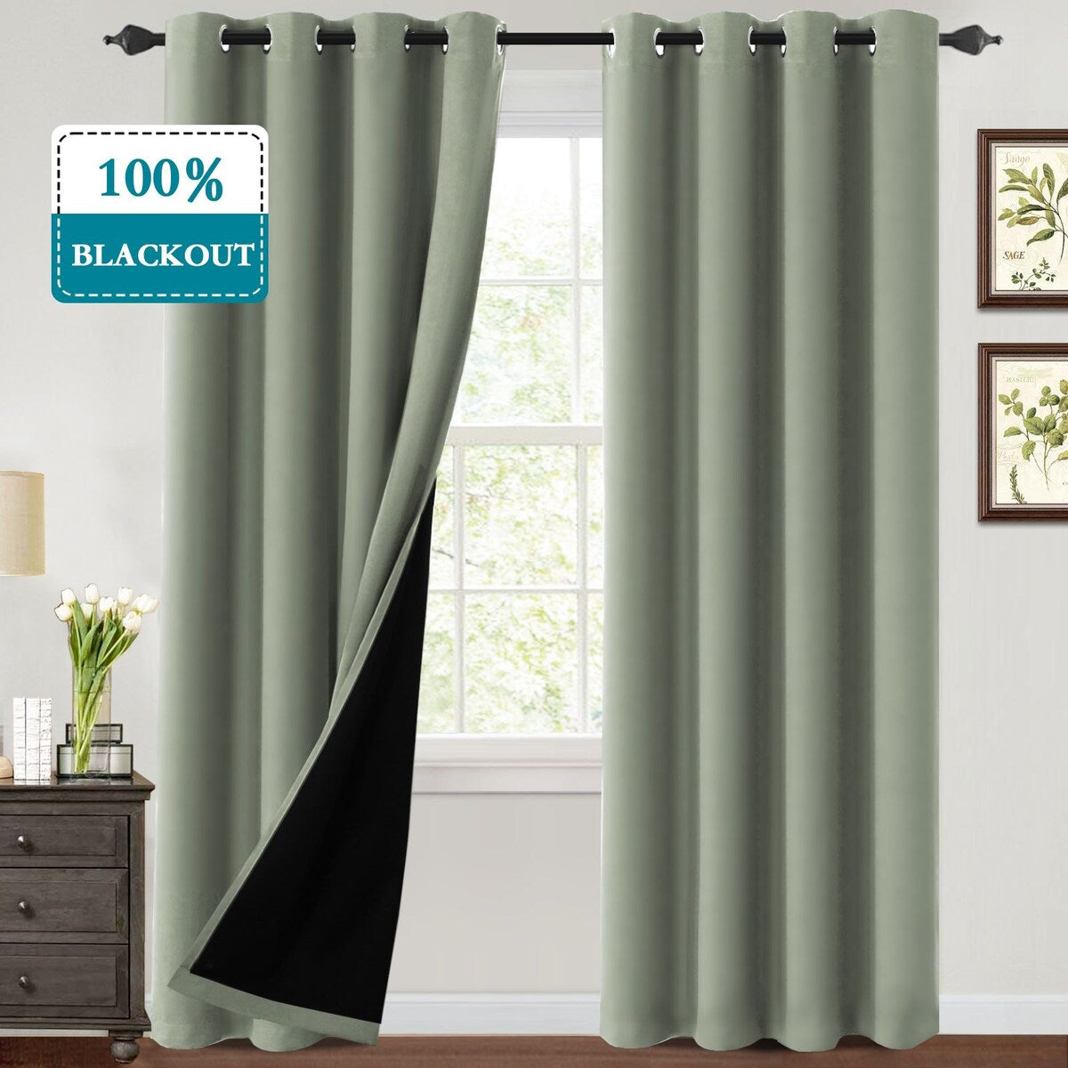 Thermal Insulated 100% Blackout Grommet Curtains with Black Liner(2 panels）