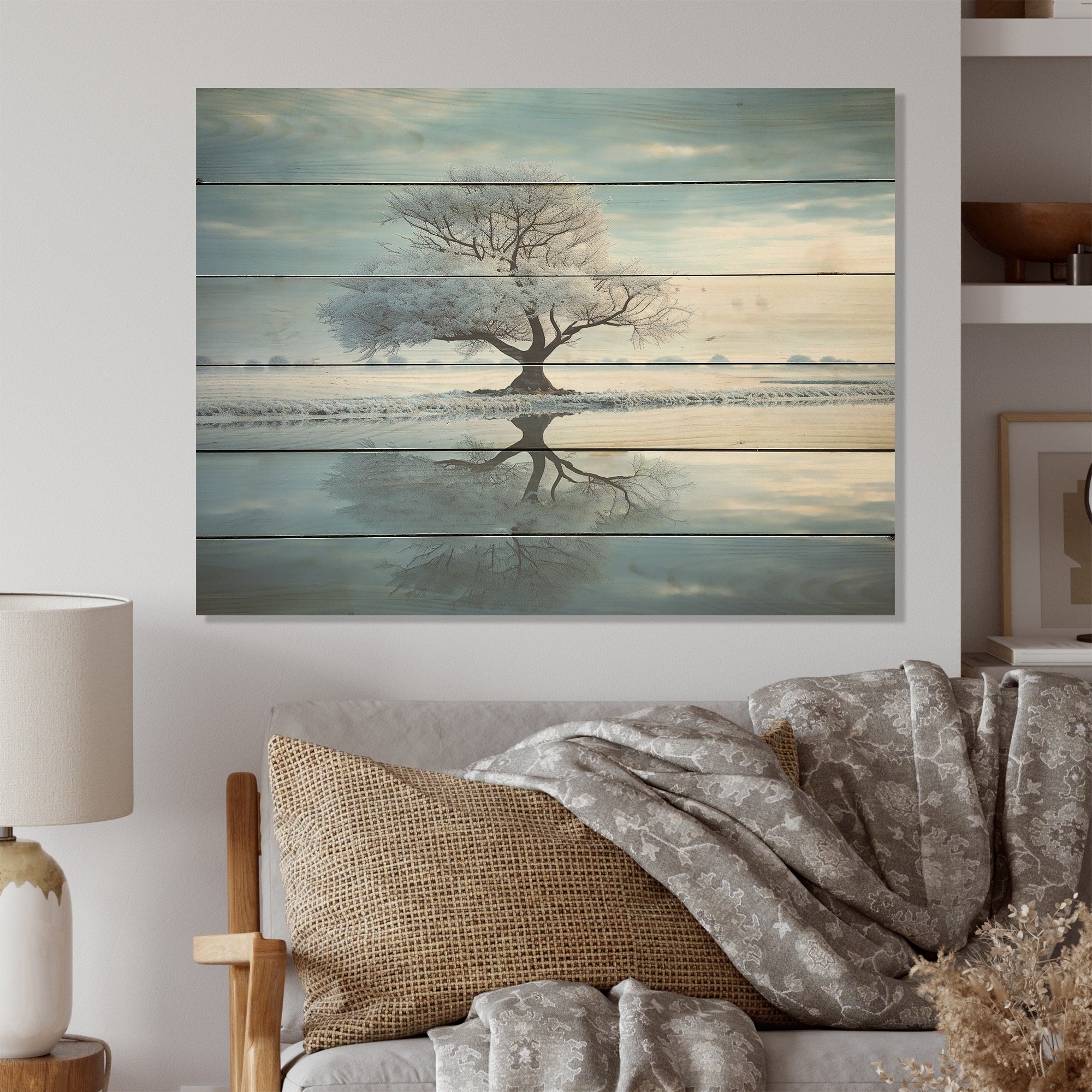 Designart Winter Landscape White By The Lake I Winter Landscape Wood Wall Decor Blue Wood Panel On Natural Pine Wood