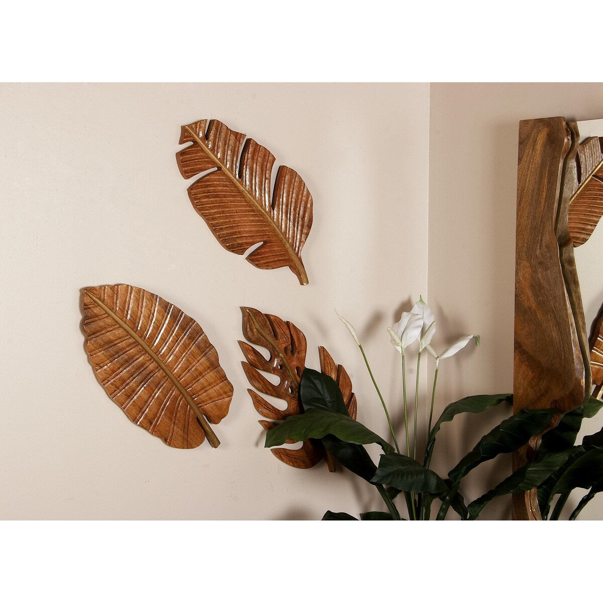 Mango Wood Leaf Handmade Carved Home Wall Decor - Set of 3 Brown - Roche River Decor