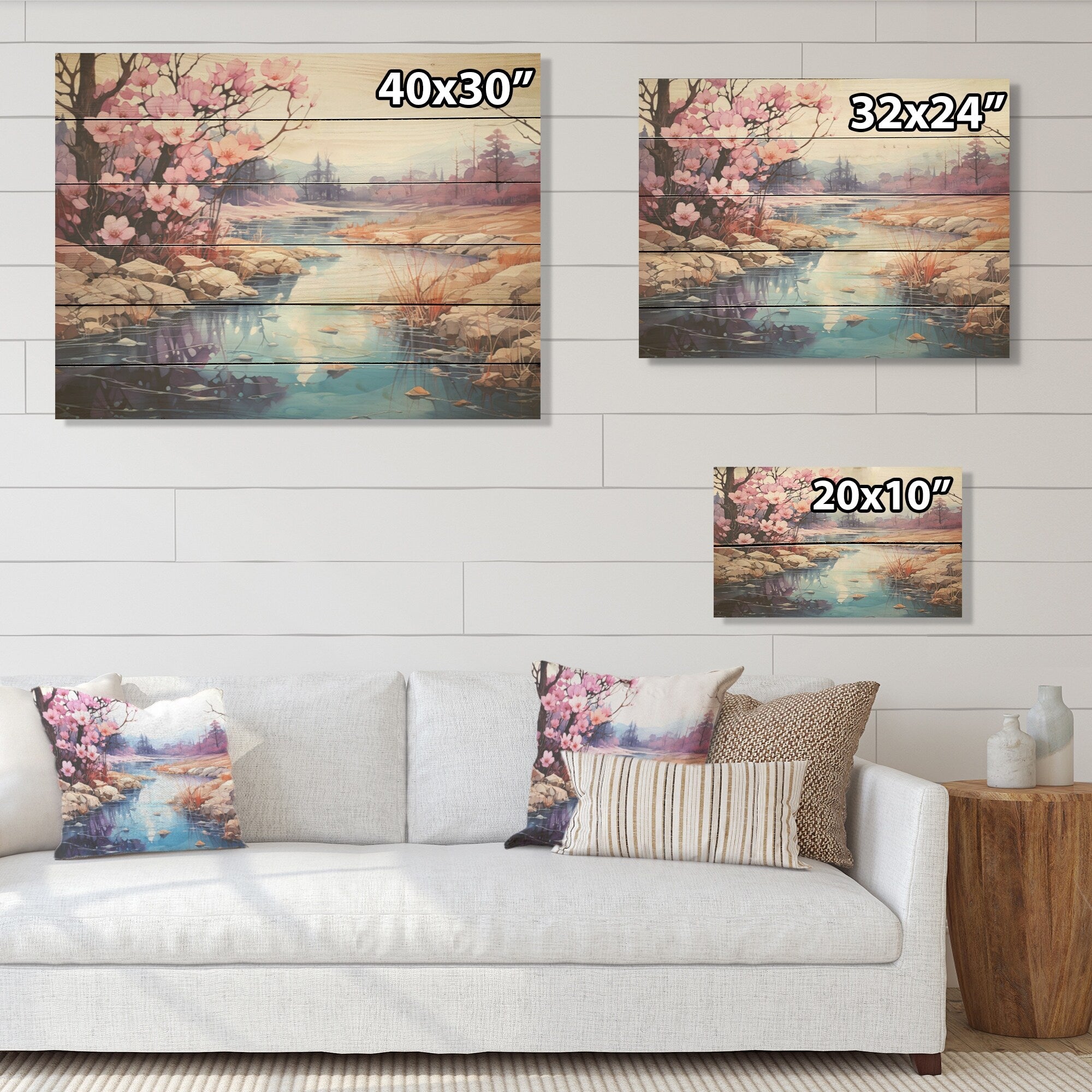 Designart Alcohol Ink River Tranquility Countryside Wood Wall Decor - Country Pink Wood Panel On Natural Pine Wood