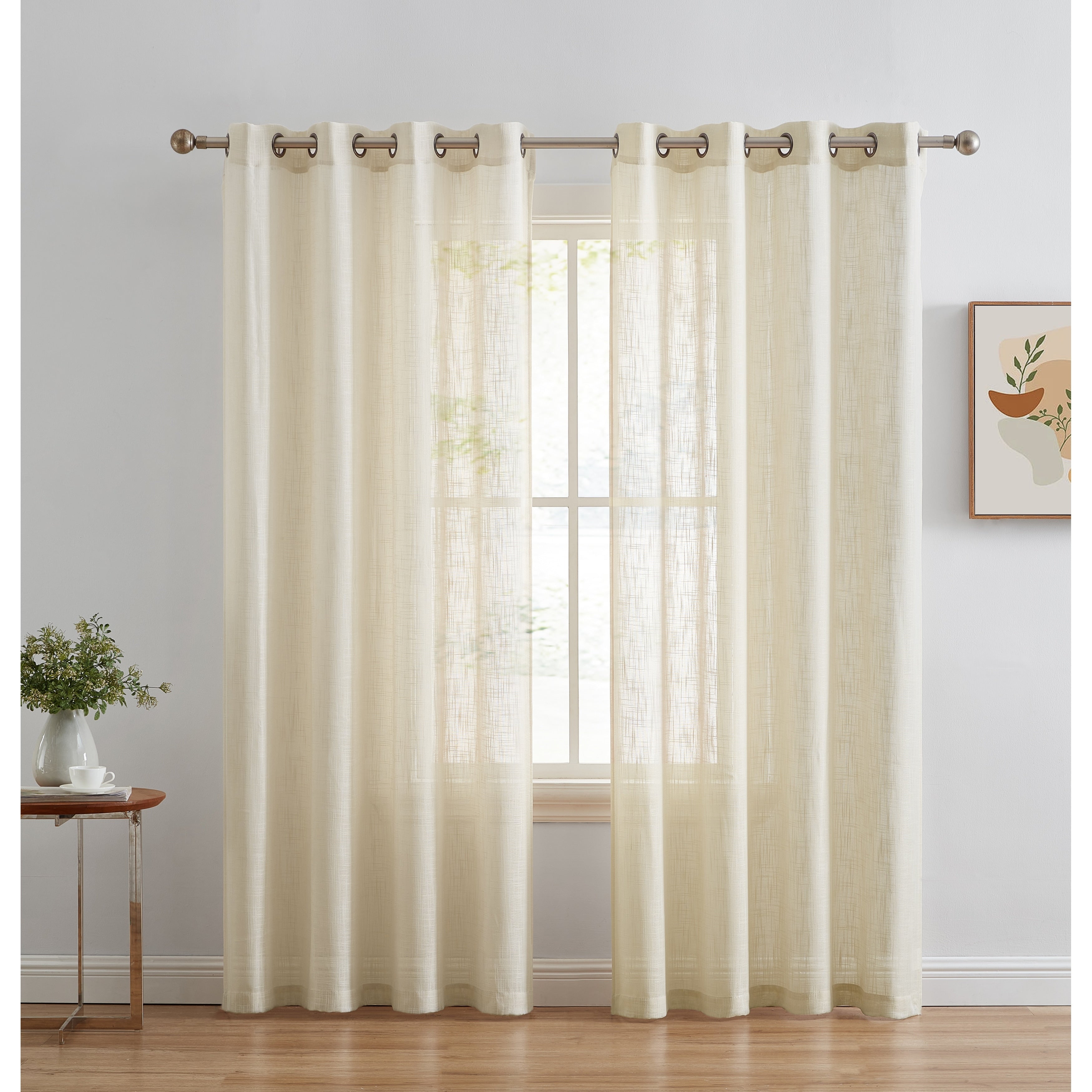 HLC.me Abbey Faux Linen Textured Semi Sheer Privacy Light Filtering Transparent Window Grommet Curtain Panels, Pair