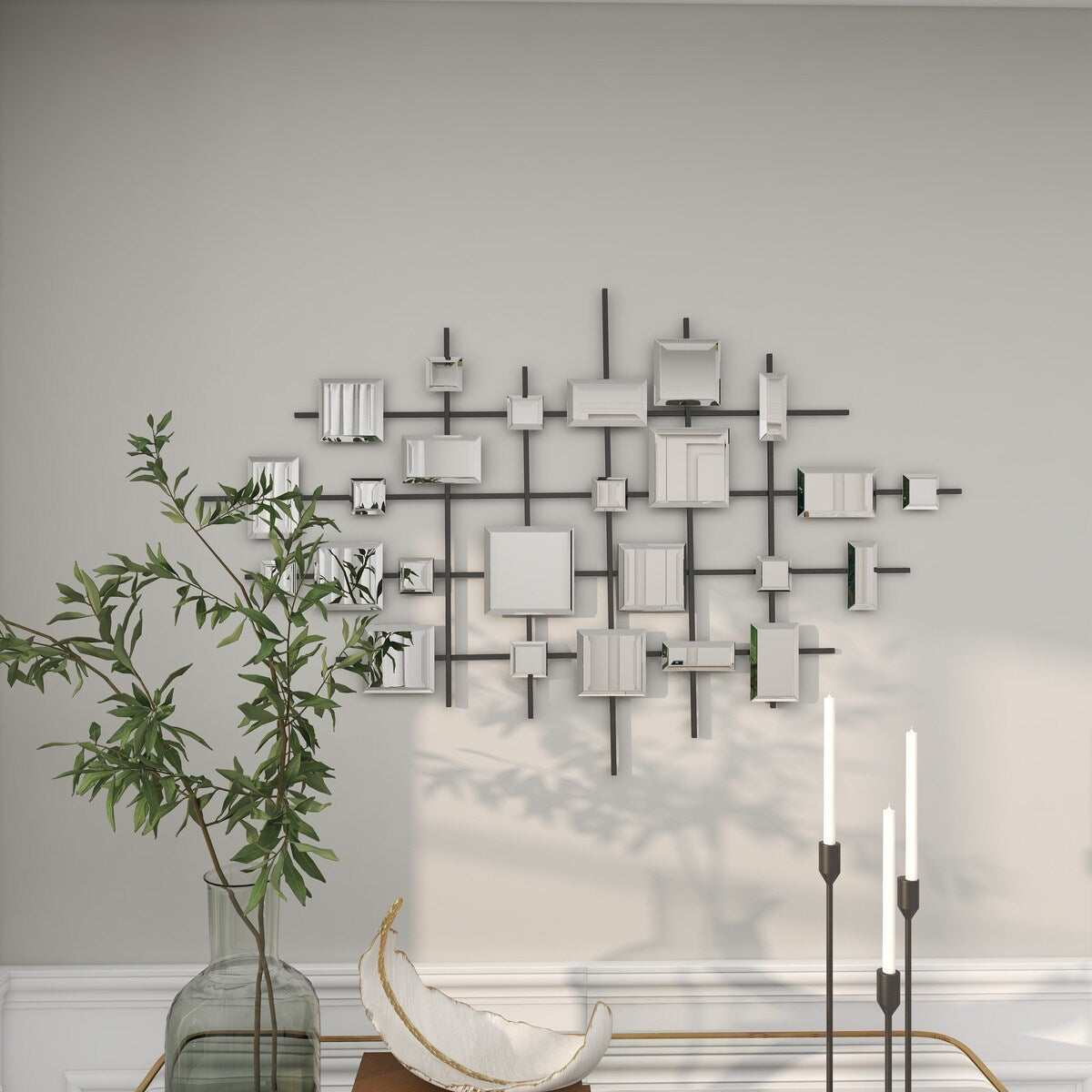 Metal Geometric Home Wall Decor with Square Mirrored Accents - Black - Roche River Decor