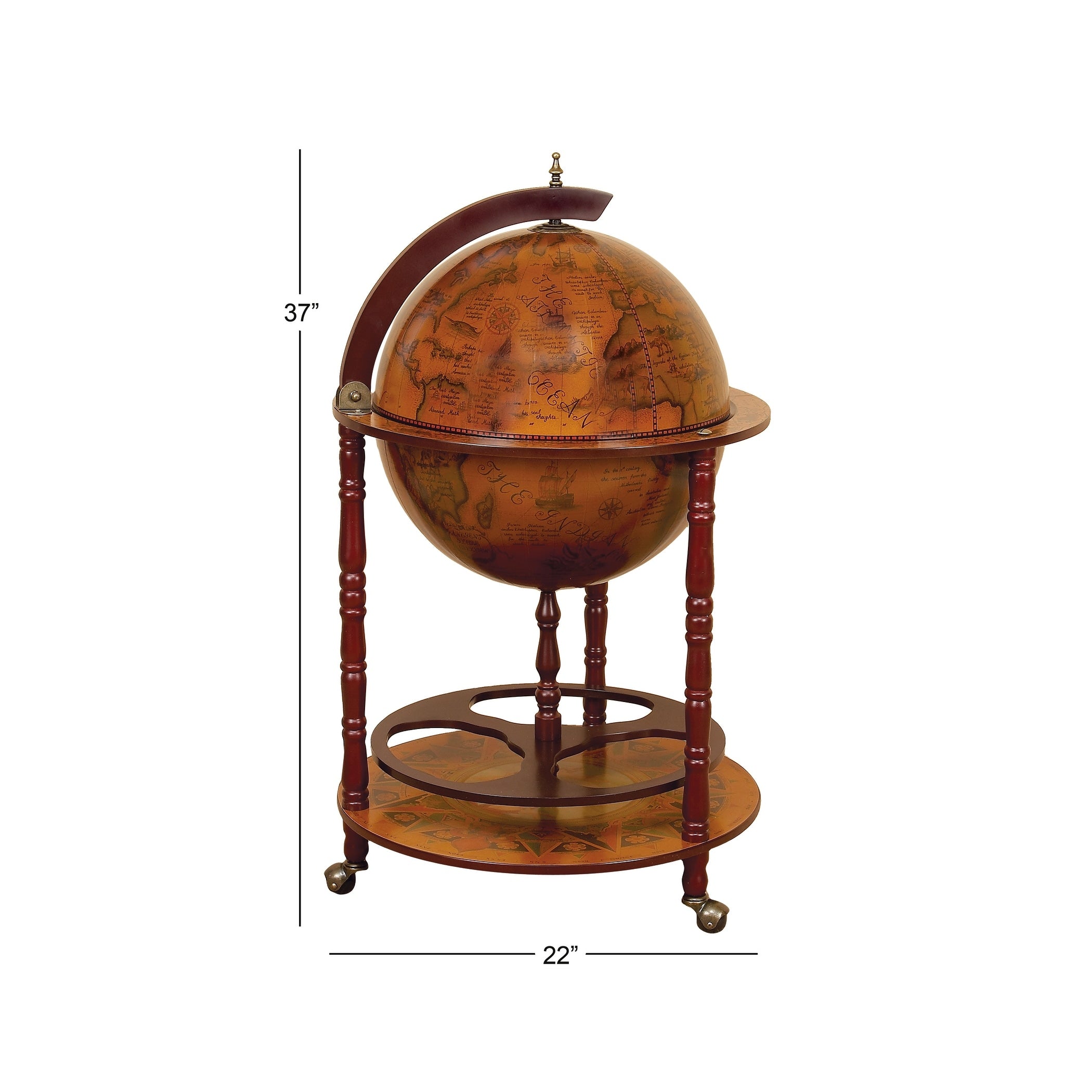 Brown Wood Traditional Wine Storage Glass Globe Cabinet Bar - 22 x 22 x 37