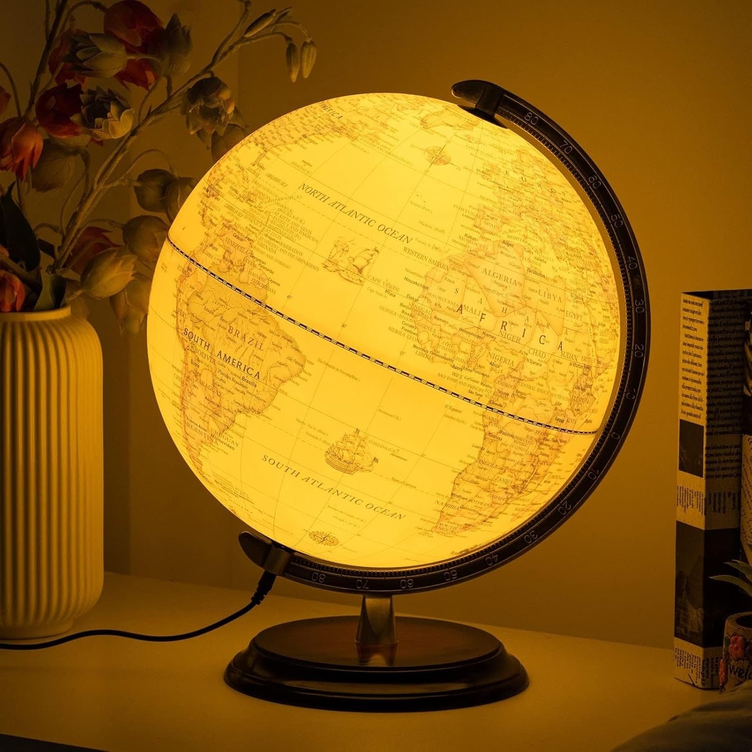 BSHAPPLUS 12 Led Illuminated World Globe Vintage World Globe with Stand Yellow