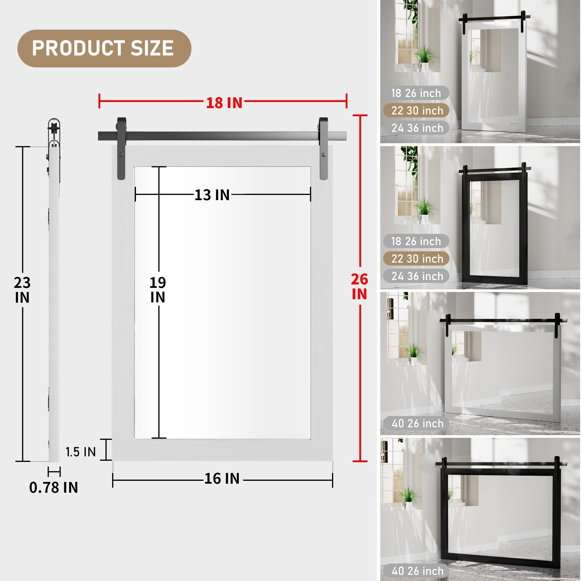 Modern Wall Mirrors, Rectangular Mirror with Wood Framed, Bathroom Mirror Barn Mirror Barn Door Mirror with Multi Size