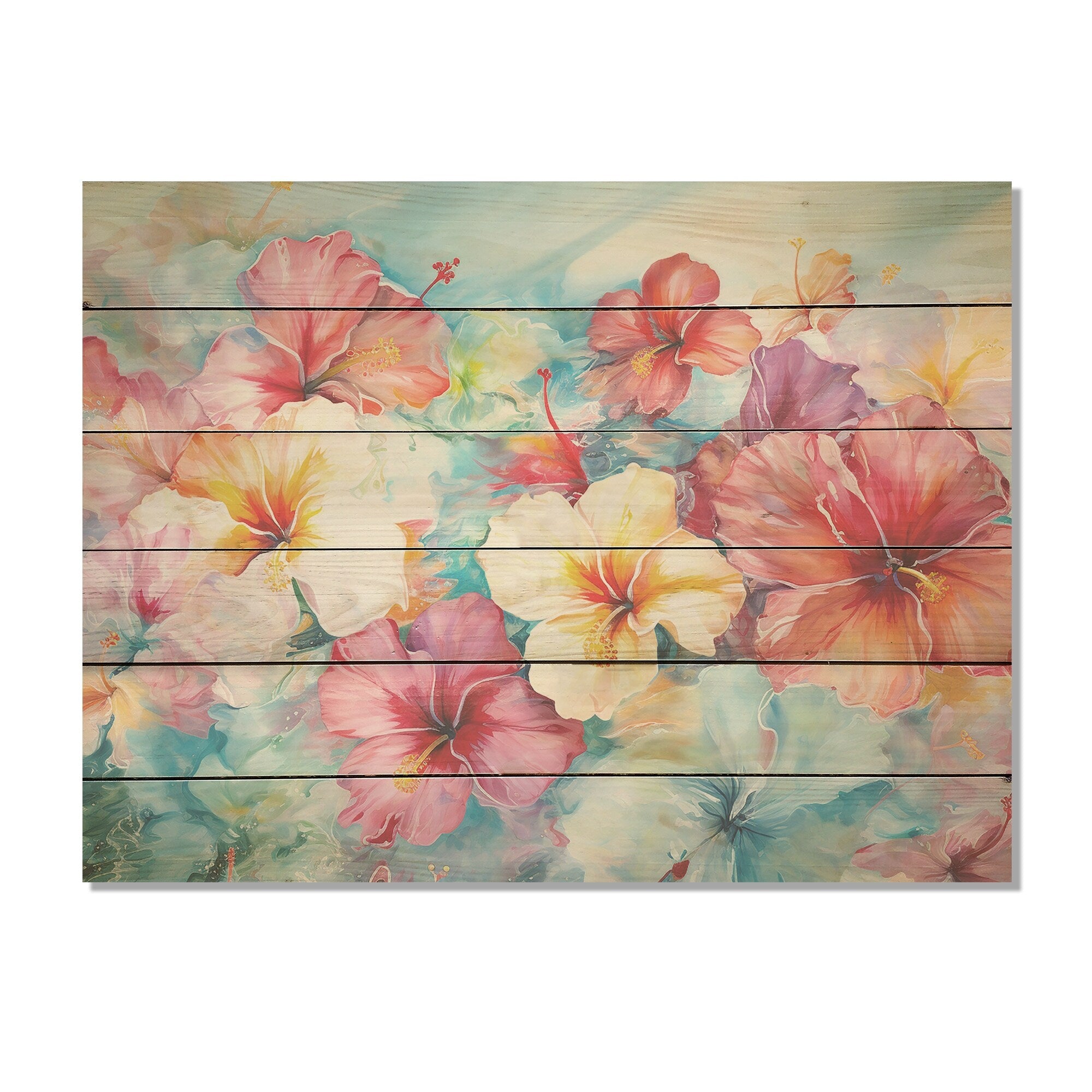 Designart Hibiscus Bliss Flower Blooms I Flower Field Wood Wall Decor - Multicolor Wood Panel On Natural Pine Wood