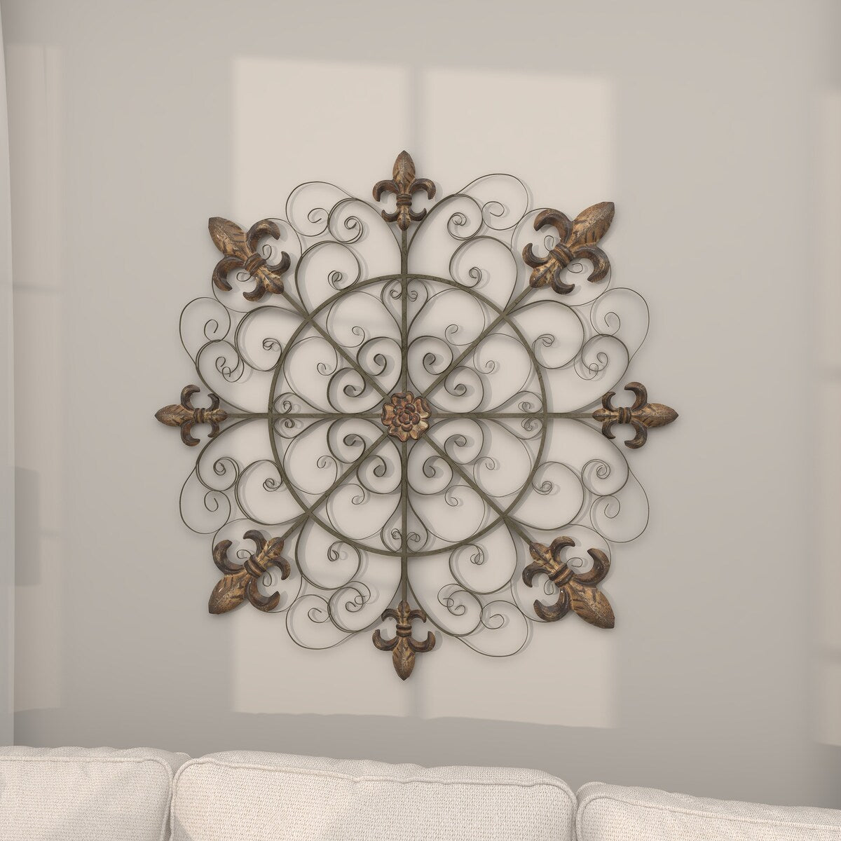 Metal Fleur De Lis Medallion Home Wall Decor with Detailed Scrollwork - Brown - Roche River Decor