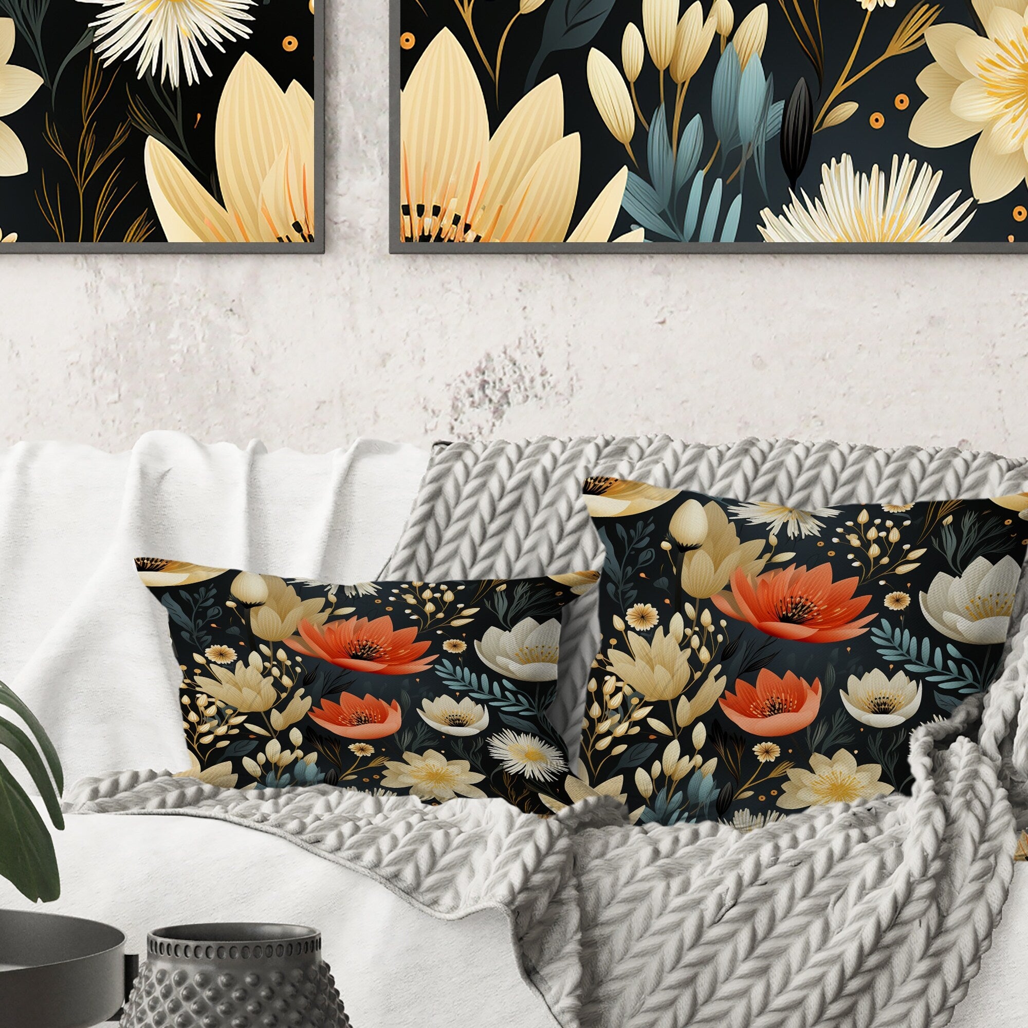 Designart Black And Beige Vintage Romance Floral Pattern Floral Printed Throw Pillow