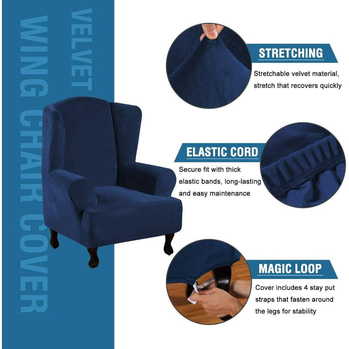 Enova Home 1 Piece Wingback Sofa Chair Covers, Soft High Stretch Velvet Plush Wingback Armchair Slipcovers