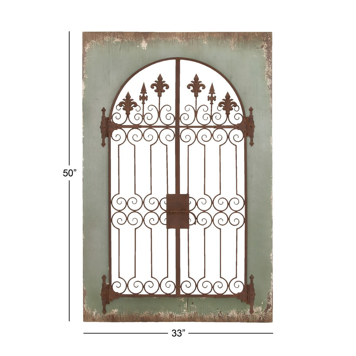 Wood Fleur De Lis Arched Windowpane Home Wall Decor with Rust Metal Scrolled Gate - Blue - Roche River Decor