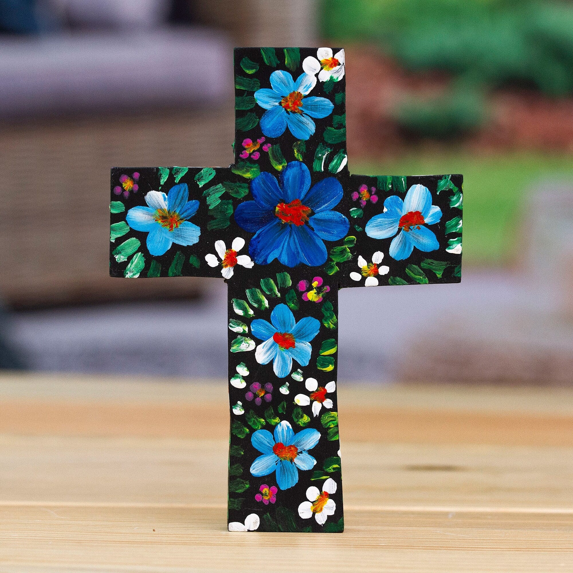 Novica Handmade Cyan Prayers Wood Cross