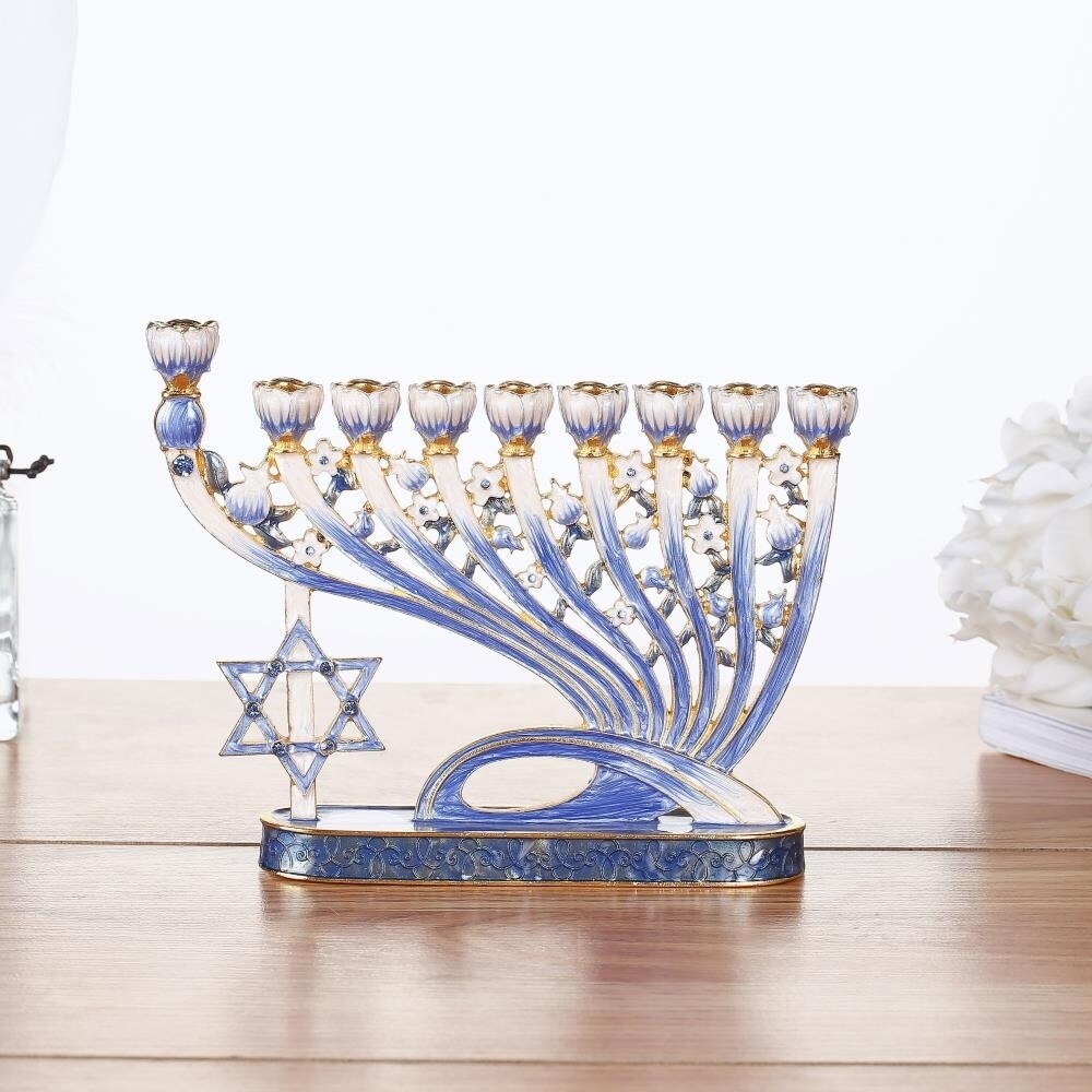 Hand Painted Blue Enamel Menorah Candelabra with Star of David by Matashi