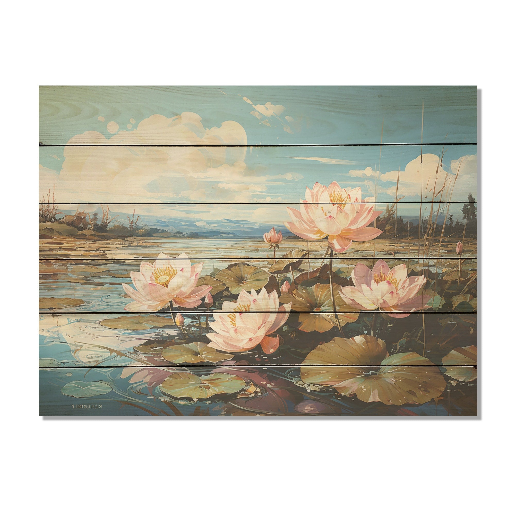 Designart By The Lake Lotus Liquid Art Lotus Wood Wall Decor - Modern Pink Wood Panel On Natural Pine Wood